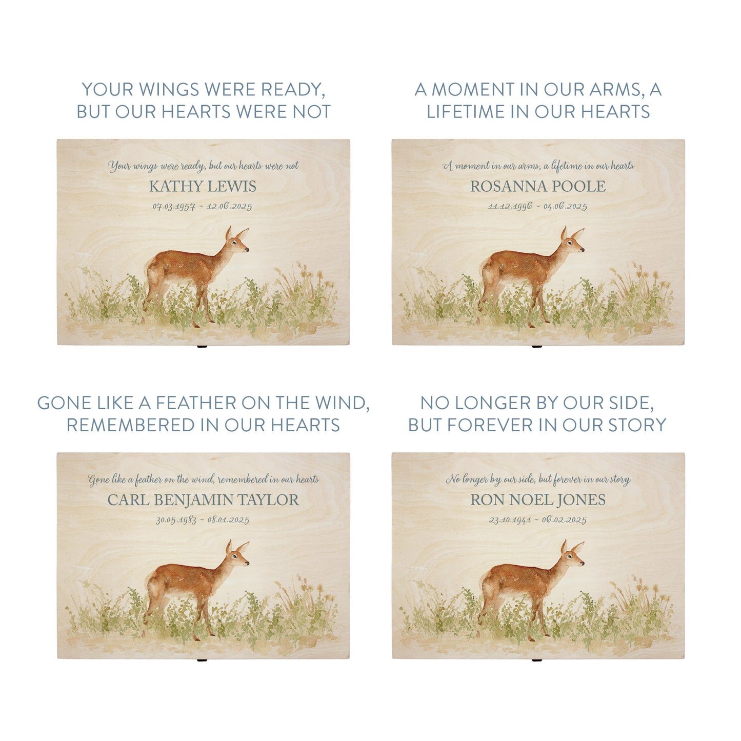 Wooden box with a lid featuring an illustration of a Doe on a wooden background Perfect funeral memory keepsake box, for storing ashes, order of service, flowers, pictures.