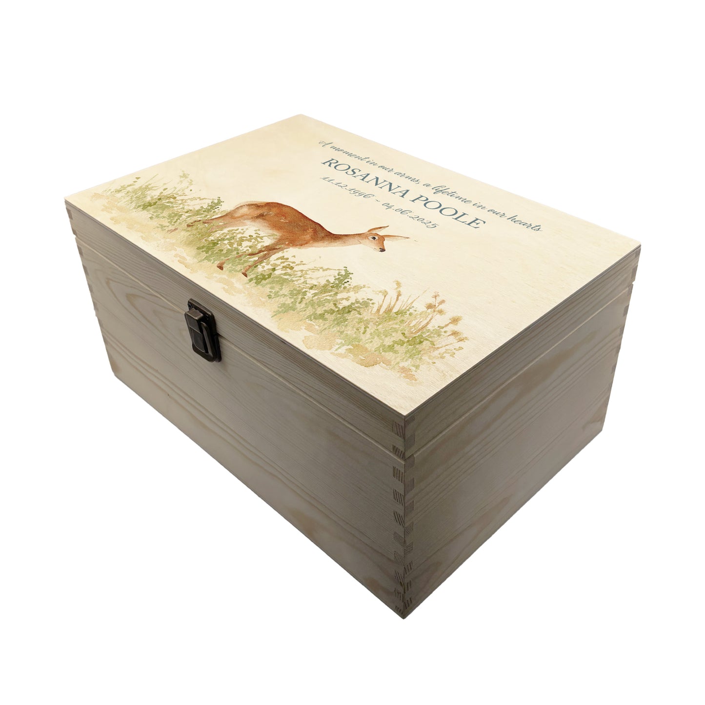 Wooden box with a lid featuring an illustration of a Doe on a wooden background Perfect funeral memory keepsake box, for storing ashes, order of service, flowers, pictures.