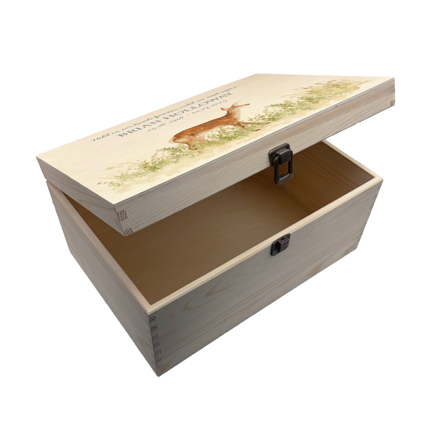 Wooden box with a lid featuring an illustration of a Doe on a wooden background Perfect funeral memory keepsake box, for storing ashes, order of service, flowers, pictures.