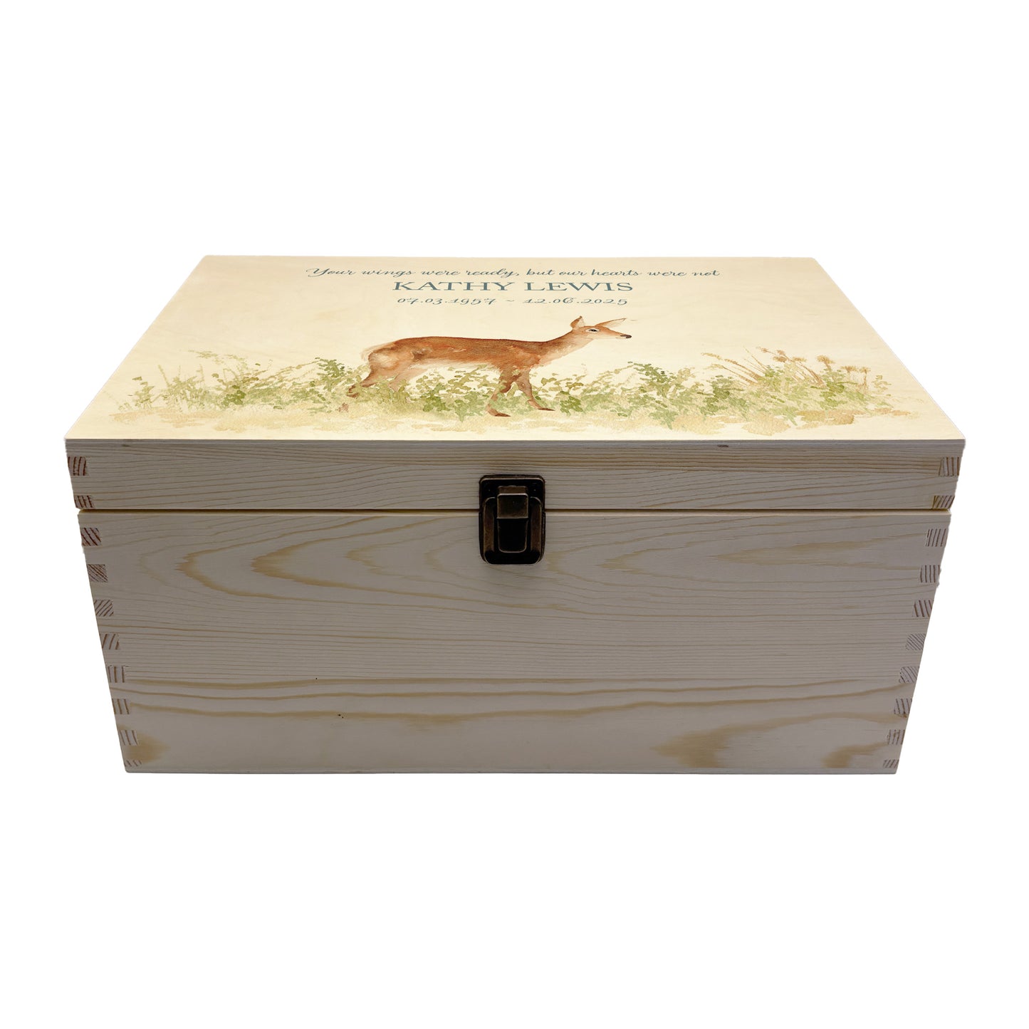 Wooden box with a lid featuring an illustration of a Doe on a wooden background Perfect funeral memory keepsake box, for storing ashes, order of service, flowers, pictures.