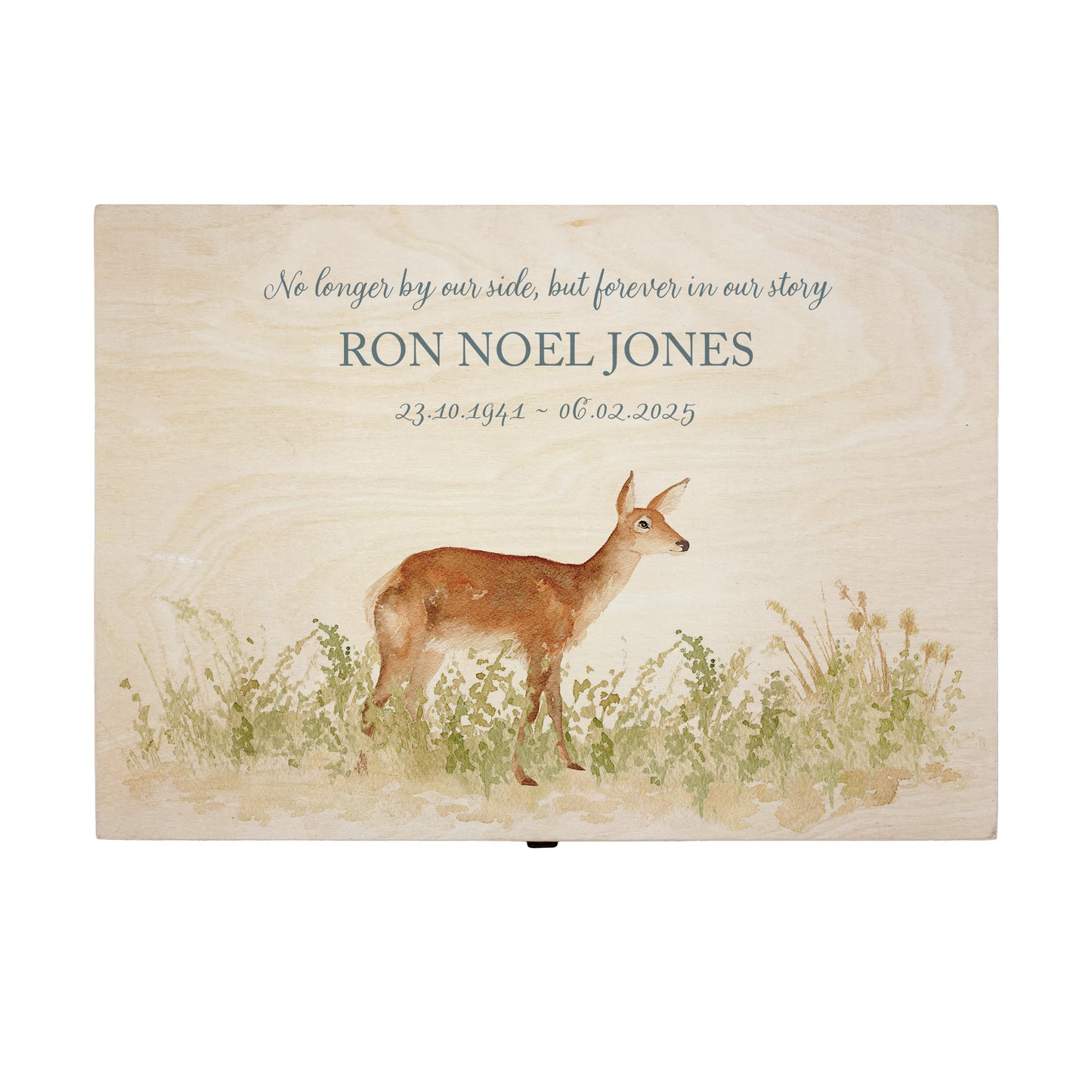 Wooden box with a lid featuring an illustration of a Doe on a wooden background Perfect funeral memory keepsake box, for storing ashes, order of service, flowers, pictures.