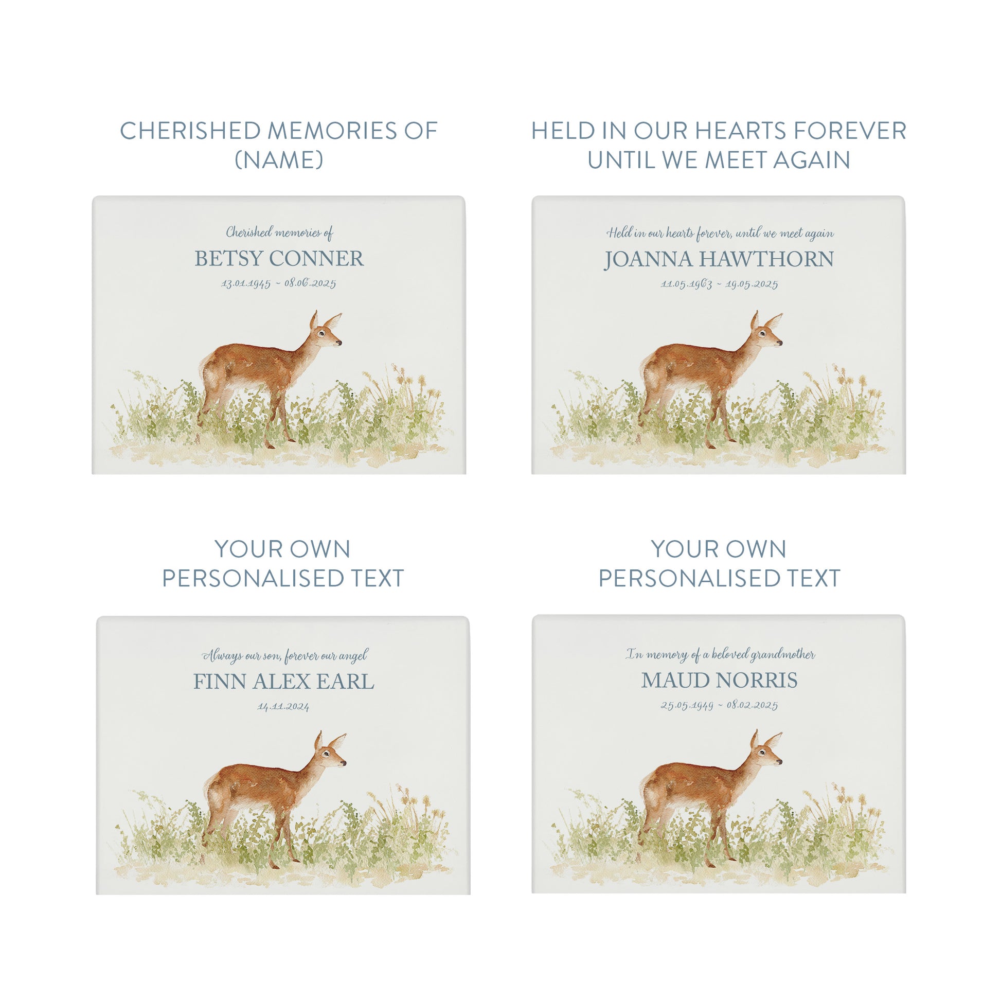 Luxury solid wooden white painted with a Doe in a meadow a beautiful watercolour illustration our urns and Caskets for displaying or burying ashes. Customisable and can be personalised. Perfect funeral memory keepsake urn, for storing ashes for humans and pets