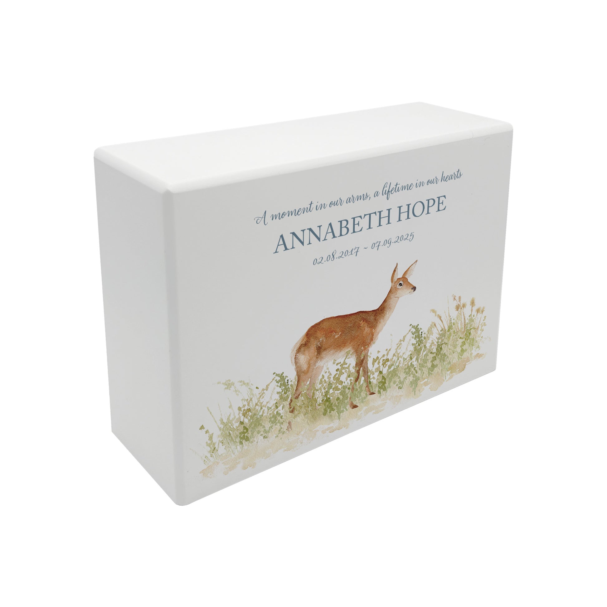 Luxury solid wooden white painted with a Doe in a meadow a beautiful watercolour illustration our urns and Caskets for displaying or burying ashes. Customisable and can be personalised. Perfect funeral memory keepsake urn, for storing ashes for humans and pets.