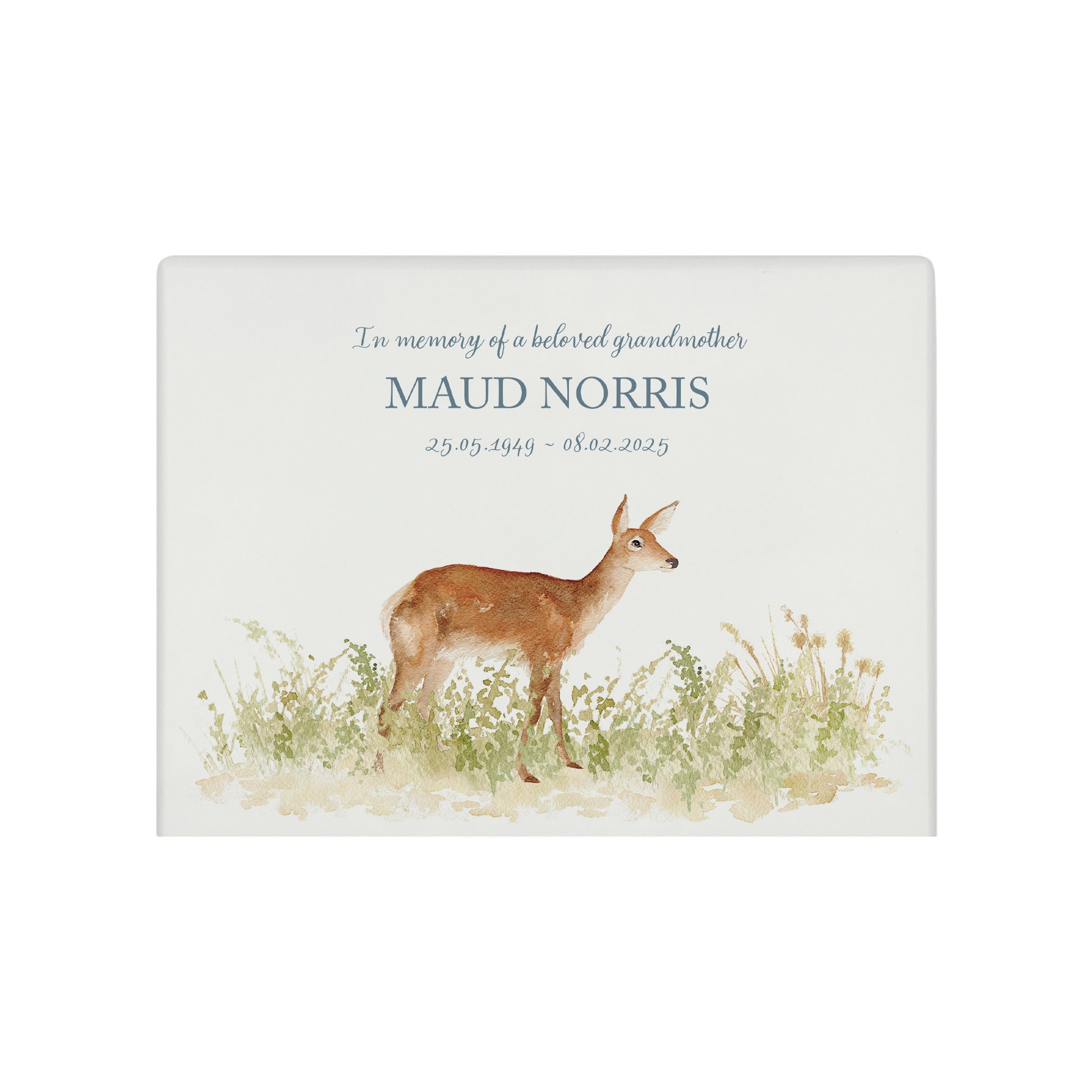 Luxury solid wooden white painted with a Doe in a meadow a beautiful watercolour illustration our urns and Caskets for displaying or burying ashes. Customisable and can be personalised. Perfect funeral memory keepsake urn, for storing ashes for humans and pets