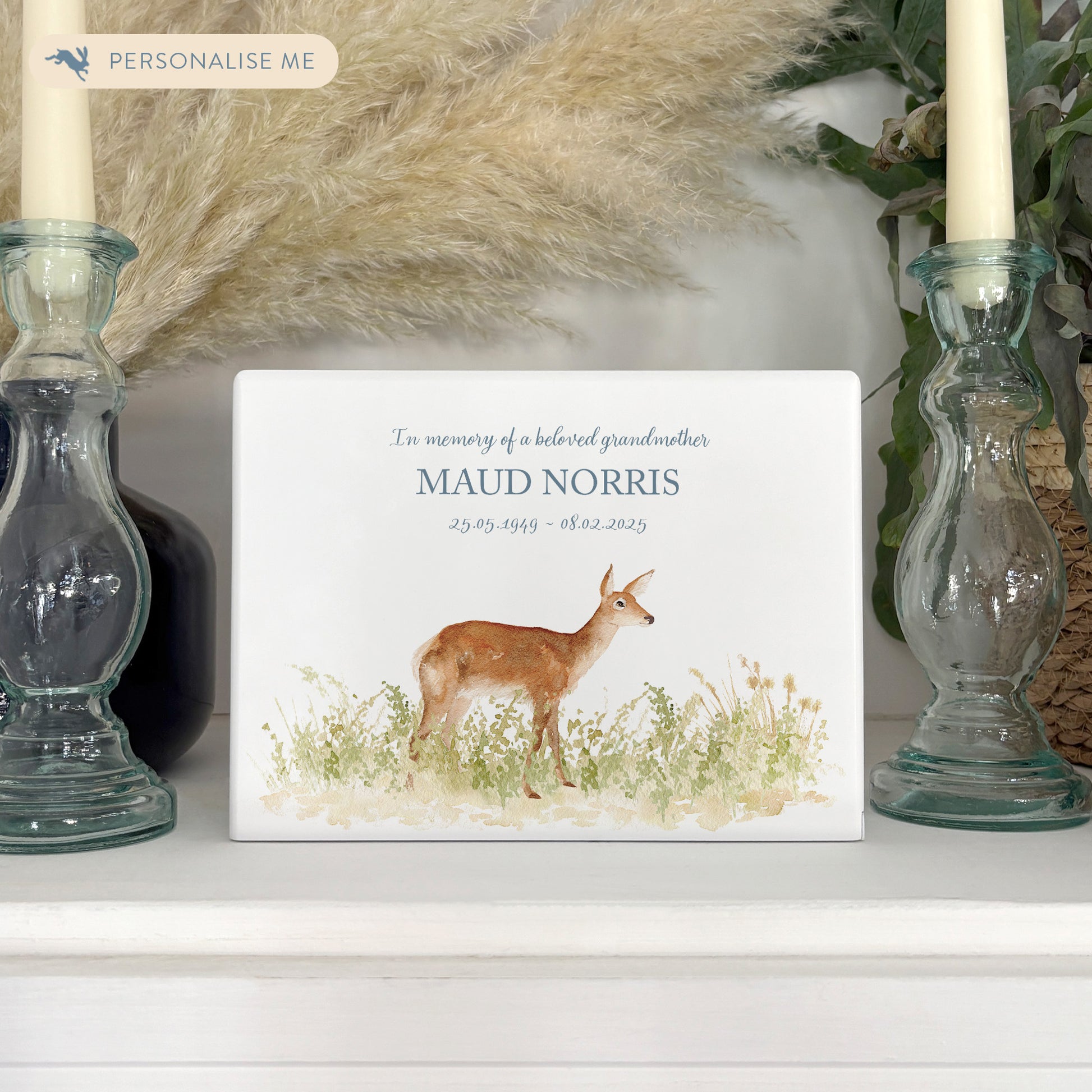 Luxury solid wooden white painted with a Doe in a meadow a beautiful watercolour illustration our urns and Caskets for displaying or burying ashes. Customisable and can be personalised. Perfect funeral memory keepsake urn, for storing ashes for humans and pets.