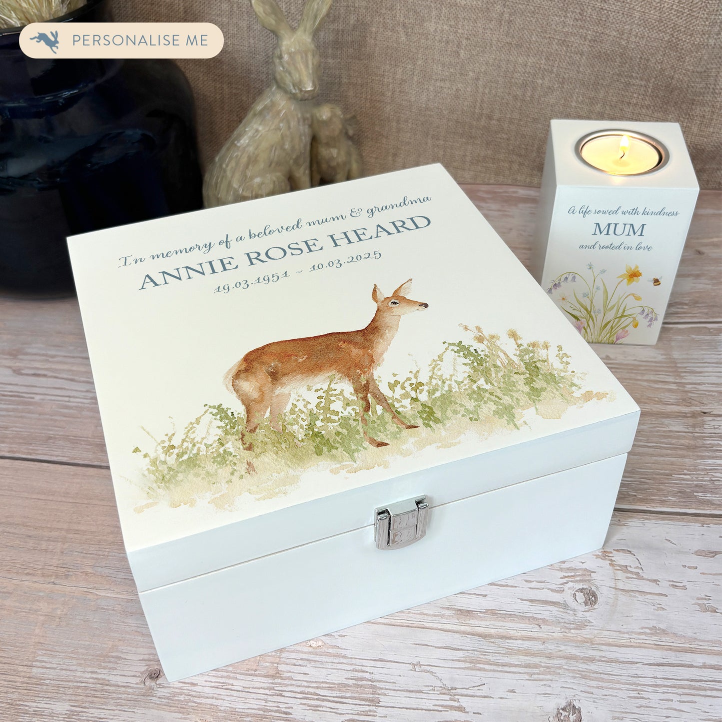 White Square personalised Wooden box with a decorative lid featuring illustrations of a Doe in Grass Perfect funeral memory keepsake box, for storing ashes, order of service, flowers and capturing your loved ones things in one place.