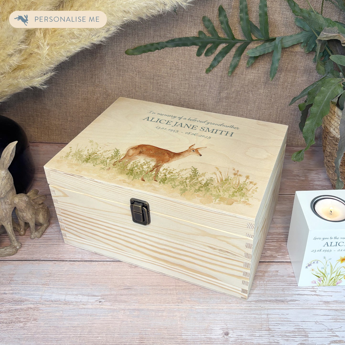 Wooden box with a lid featuring an illustration of a Doe on a wooden background Perfect funeral memory keepsake box, for storing ashes, order of service, flowers, pictures.