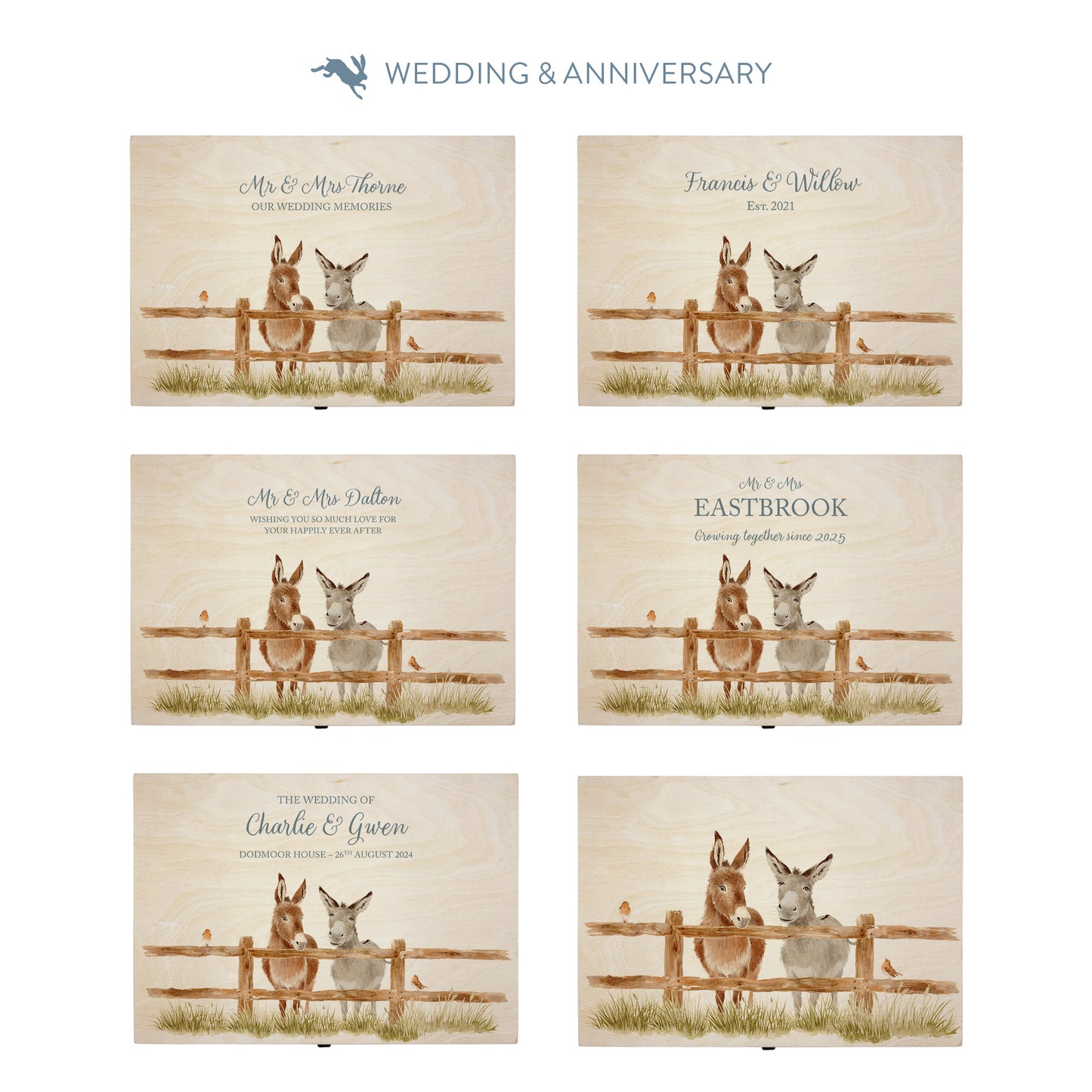 This shows our beautiful Large wooden & anniversary gift box with the various personalisation options you can choose to offer a truly customised present for a loved one. Couples names, Mr & Mrs, dates the options are endless.