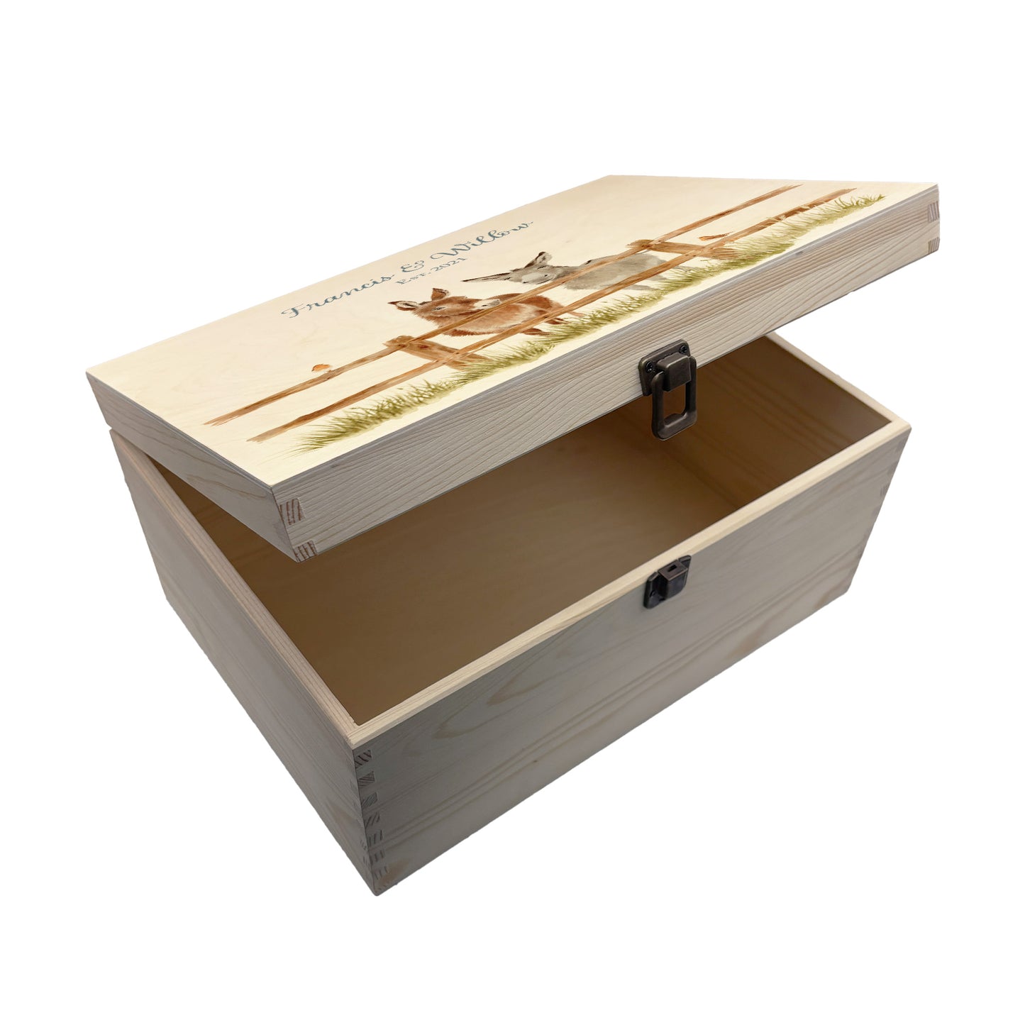 Large wooden pine memory/wedding/anniversary gift box featuring a dreamy watercolour illustration of two Donkey's side-by-side, perfect for celebrating a lasting bond.
