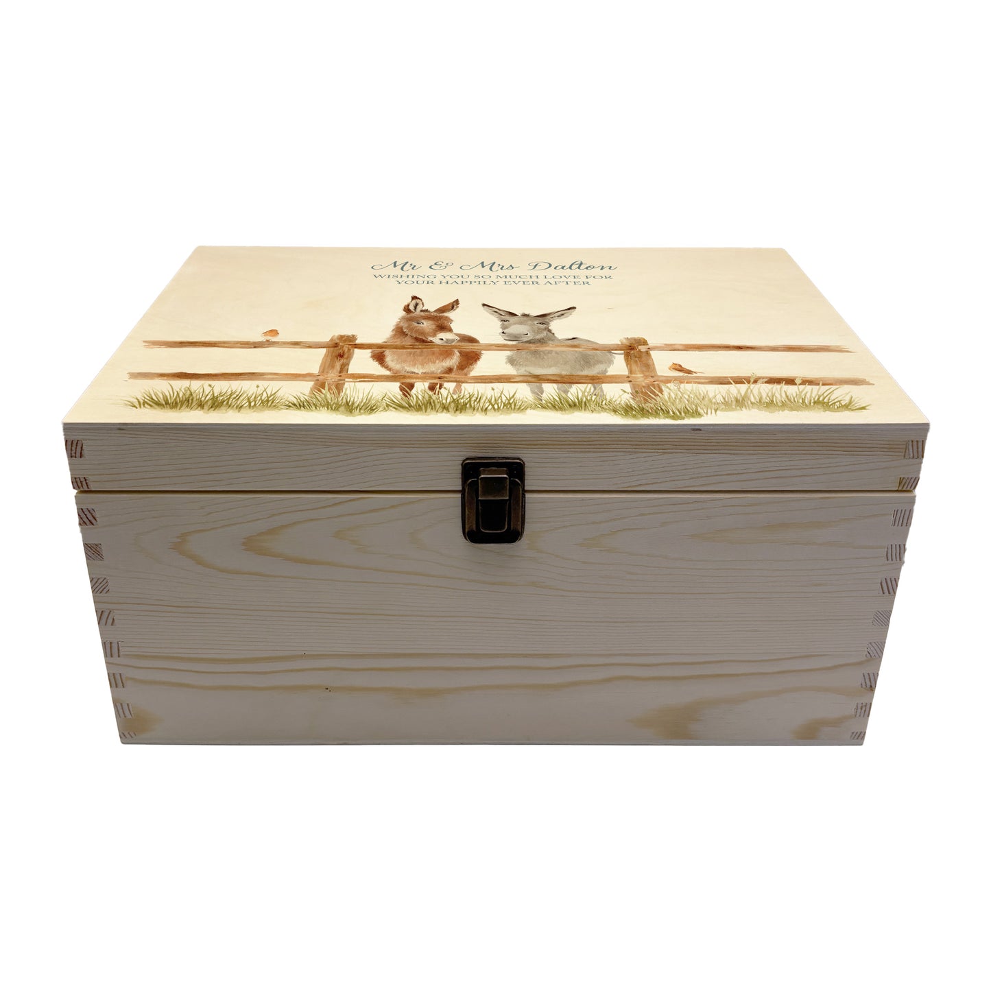 Large wooden pine memory/wedding/anniversary gift box featuring a dreamy watercolour illustration of two Donkey's side-by-side, perfect for celebrating a lasting bond.