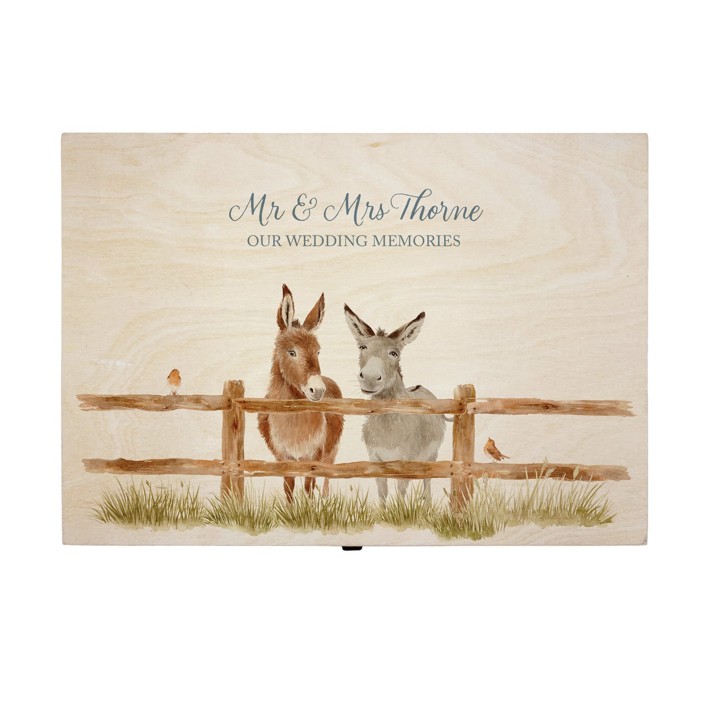 Large wooden pine memory/wedding/anniversary gift box featuring a dreamy watercolour illustration of two Donkey's side-by-side, perfect for celebrating a lasting bond.