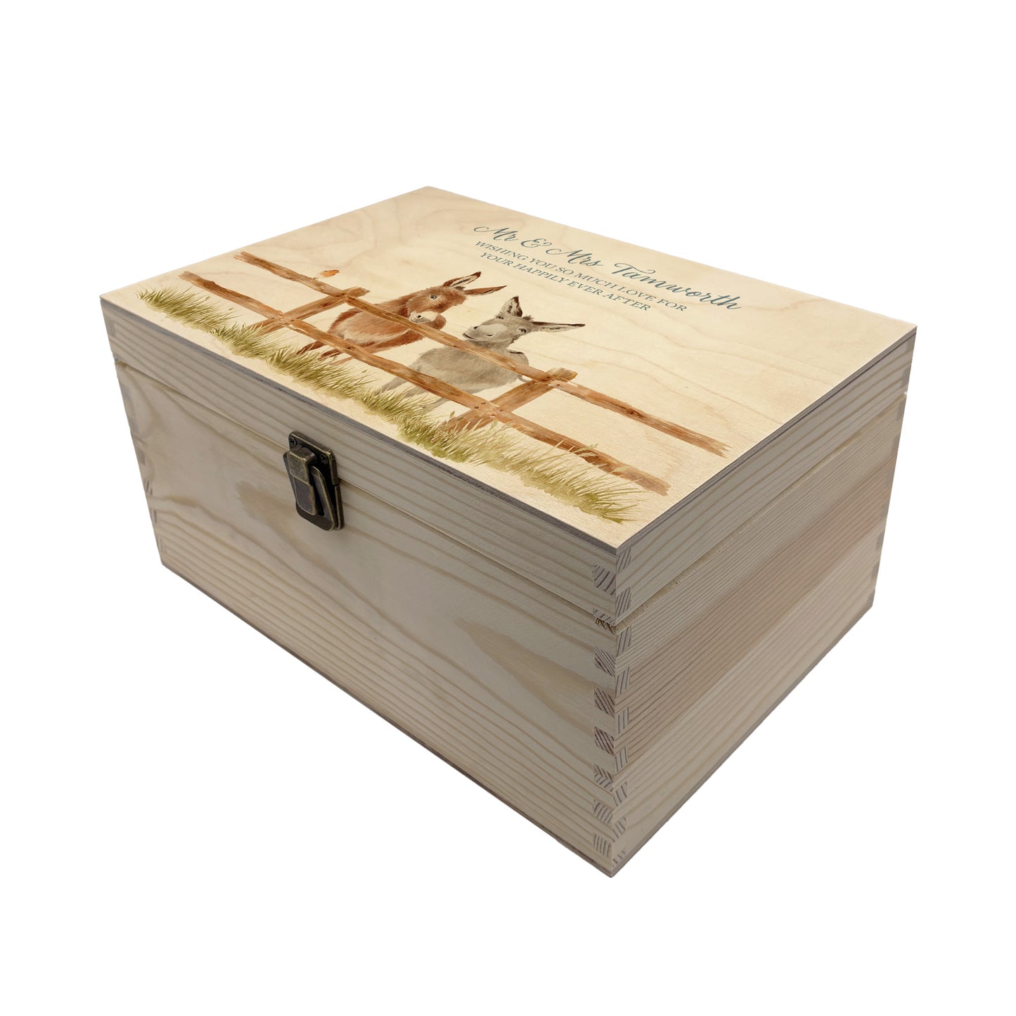 Medium wooden pine memory/wedding/anniversary gift box featuring a dreamy watercolour illustration of two Donkey's side-by-side, perfect for celebrating a lasting bond.