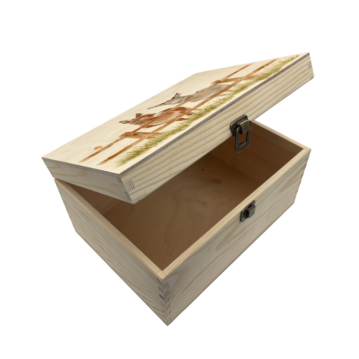 Medium wooden pine memory/wedding/anniversary gift box featuring a dreamy watercolour illustration of two Donkey's side-by-side, perfect for celebrating a lasting bond.