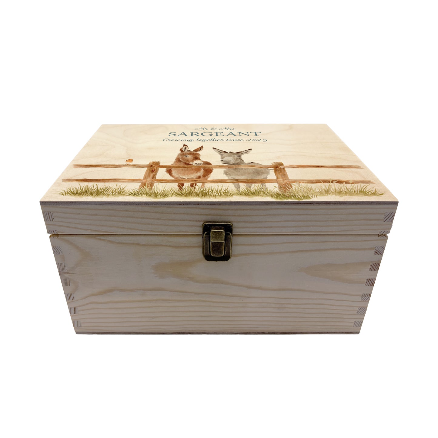 Medium wooden pine memory/wedding/anniversary gift box featuring a dreamy watercolour illustration of two Donkey's side-by-side, perfect for celebrating a lasting bond.