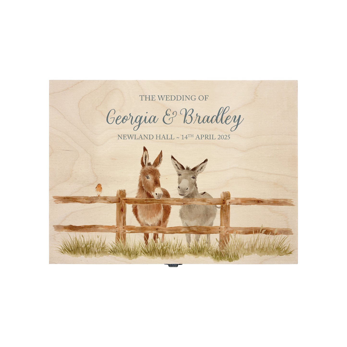Medium wooden pine memory/wedding/anniversary gift box featuring a dreamy watercolour illustration of two Donkey's side-by-side, perfect for celebrating a lasting bond.