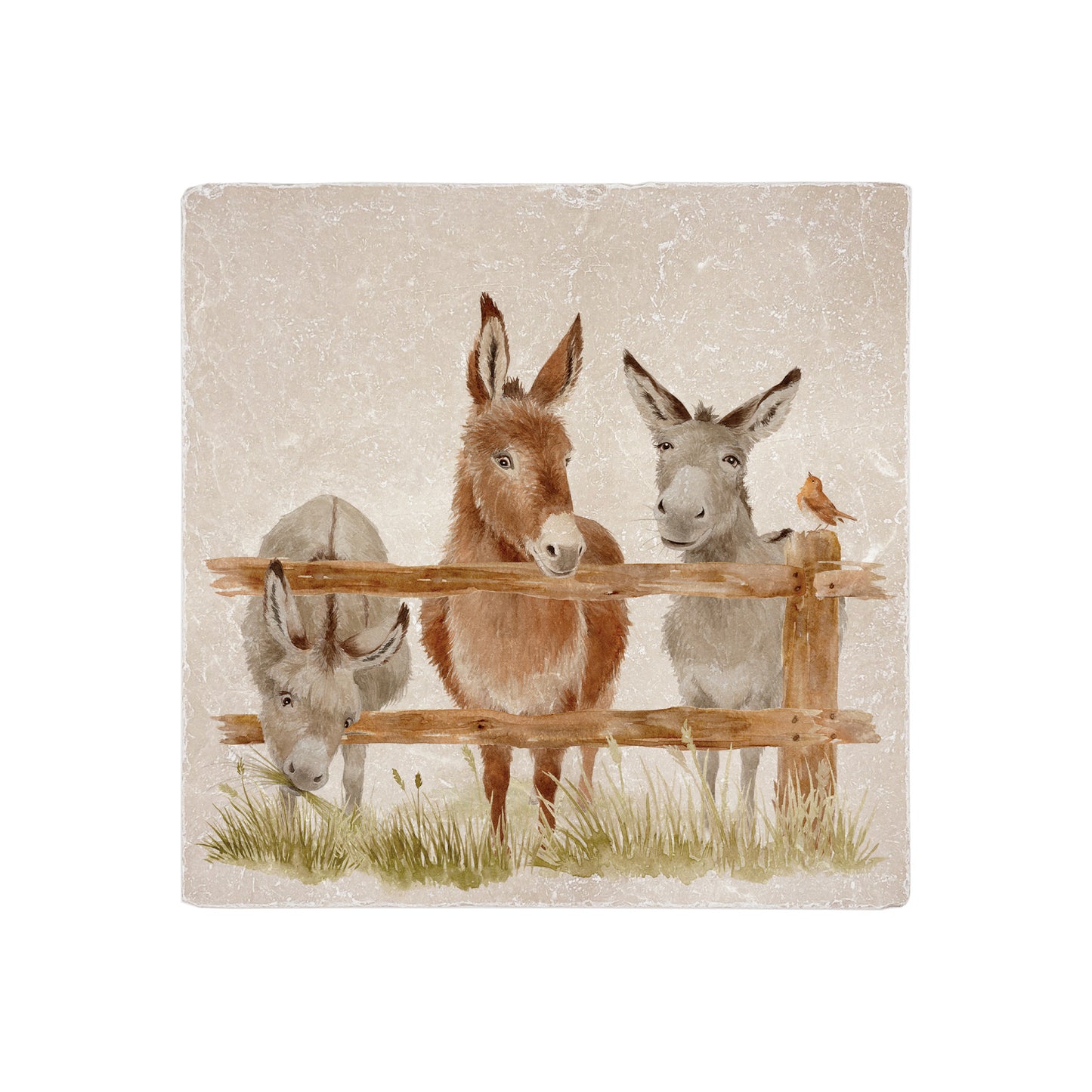 A handmade 20x20cm marble splashback tile featuring a watercolour countryside animal design of donkeys lined up at a fence.