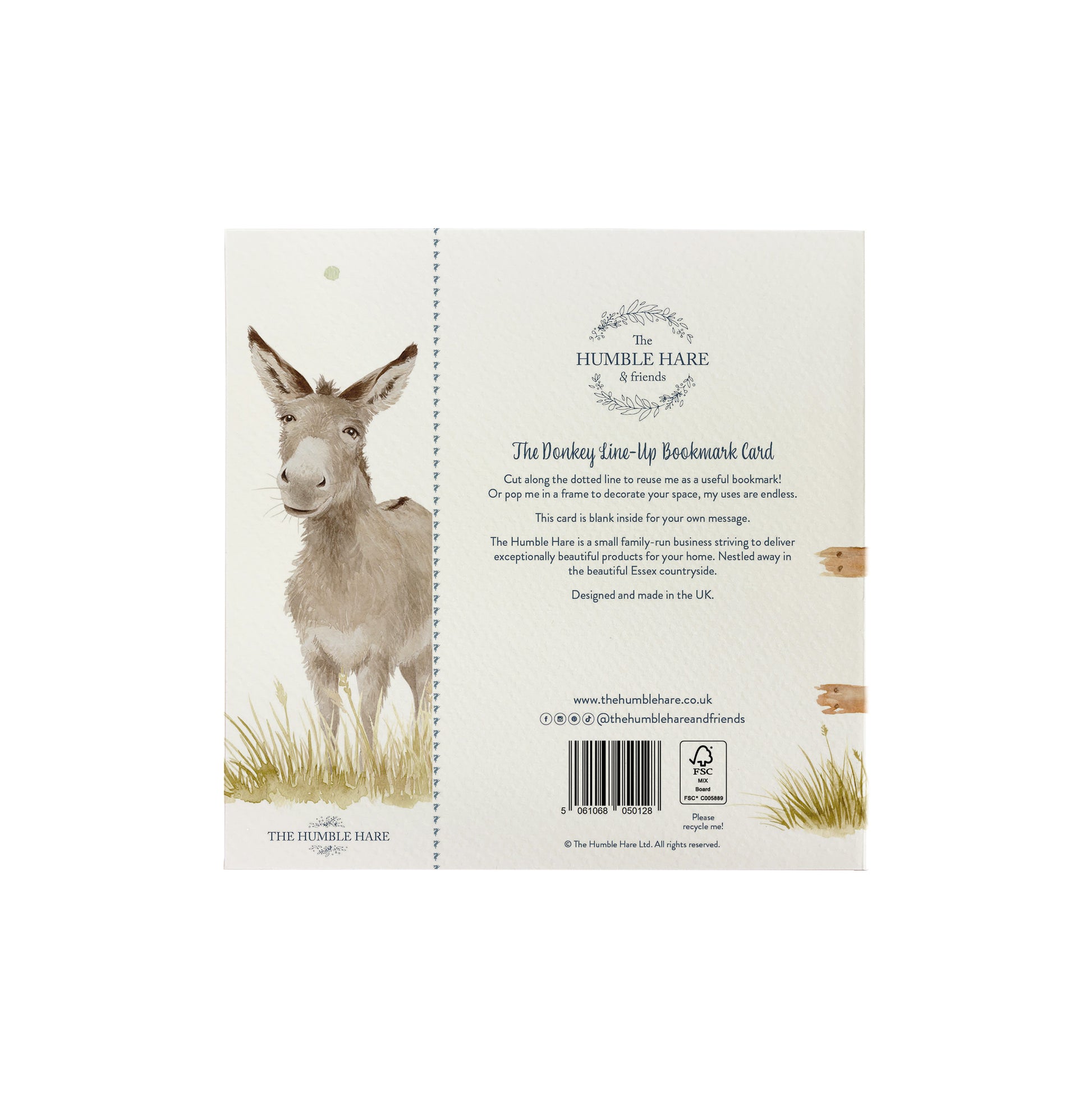 The back of a bookmark greetings card featuring a donkey in a watercolour style. The back of the card shows The Humble Hare logo and that the card is FSC certified.