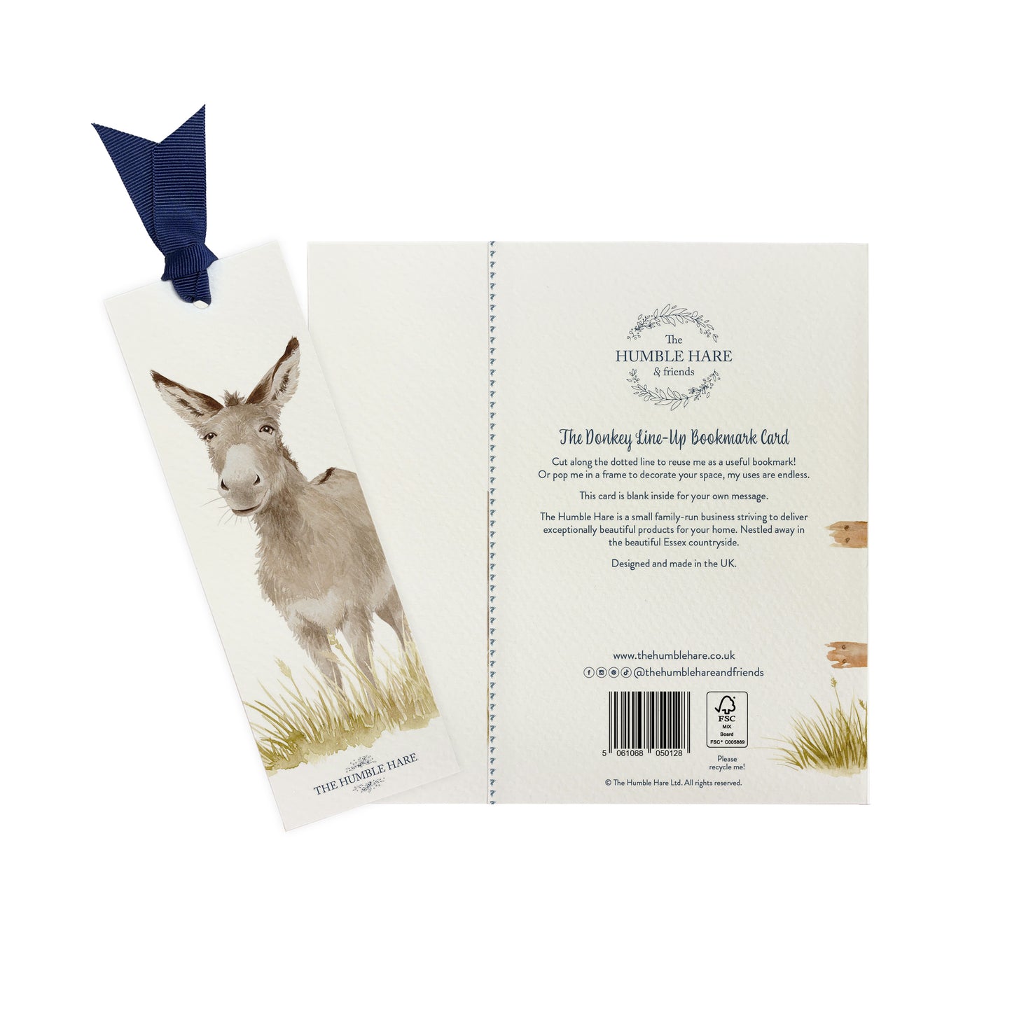 The back of a greetings card showing that it can be reused as a bookmark featuring a donkey in a watercolour style.