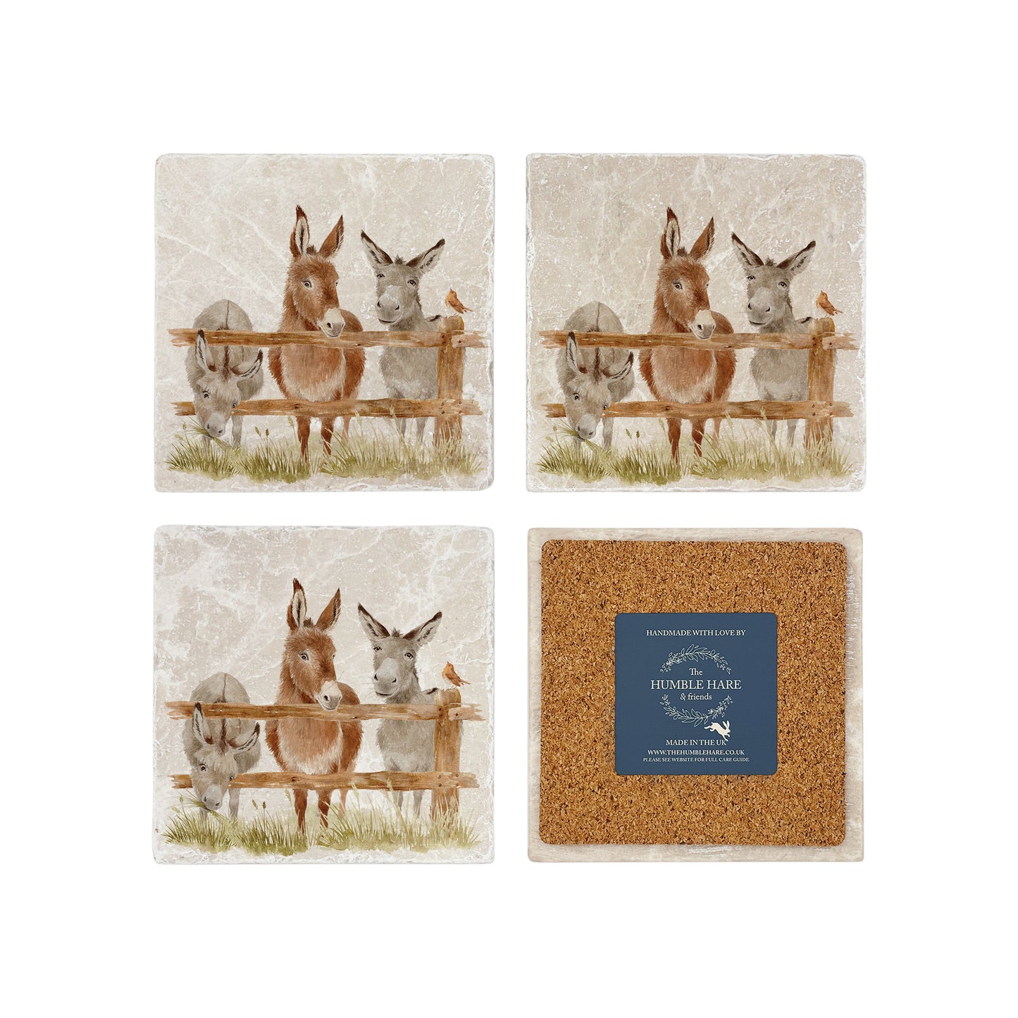 A set of 4 handmade marble coasters, featuring a watercolour design showing three donkeys peeking over a wooden fence. One coaster is flipped to show that the coasters are backed with cork.