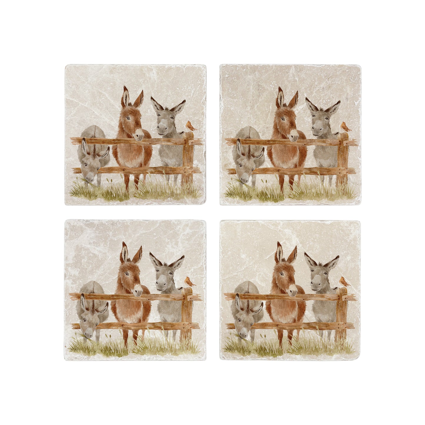 A set of 4 handmade marble coasters, featuring three donkeys peeking over a wooden fence in a watercolour style.