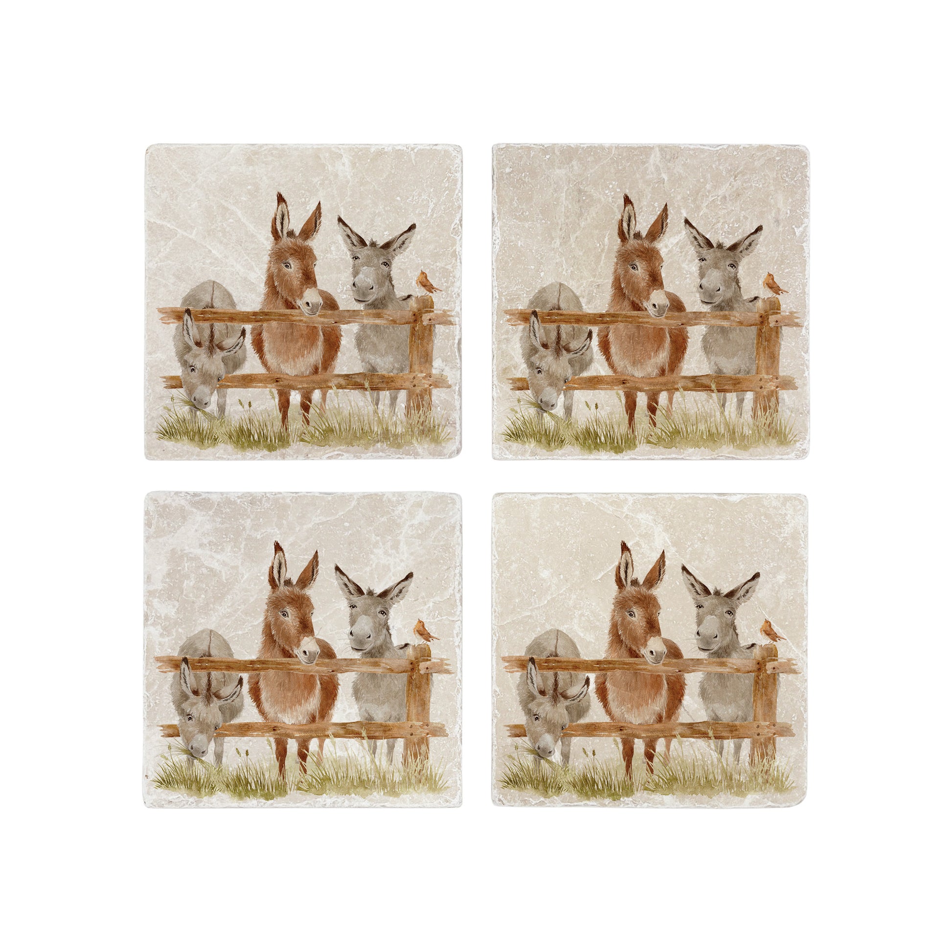 A set of 4 handmade marble coasters, featuring three donkeys peeking over a wooden fence in a watercolour style.