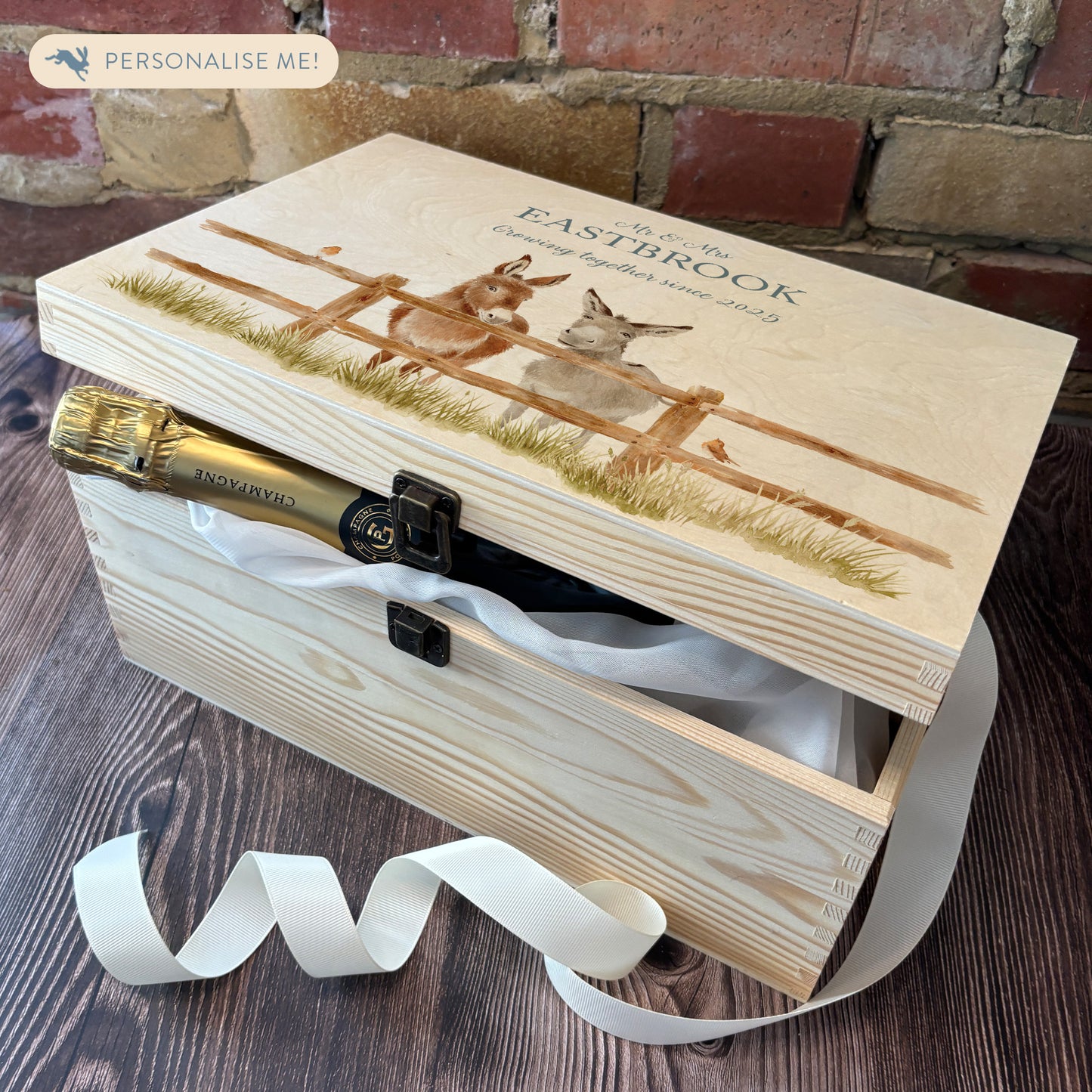 Large wooden pine memory/wedding/anniversary gift box featuring a dreamy watercolour illustration of two Donkey's side-by-side, perfect for celebrating a lasting bond. keep sakes to last a lifetime.
