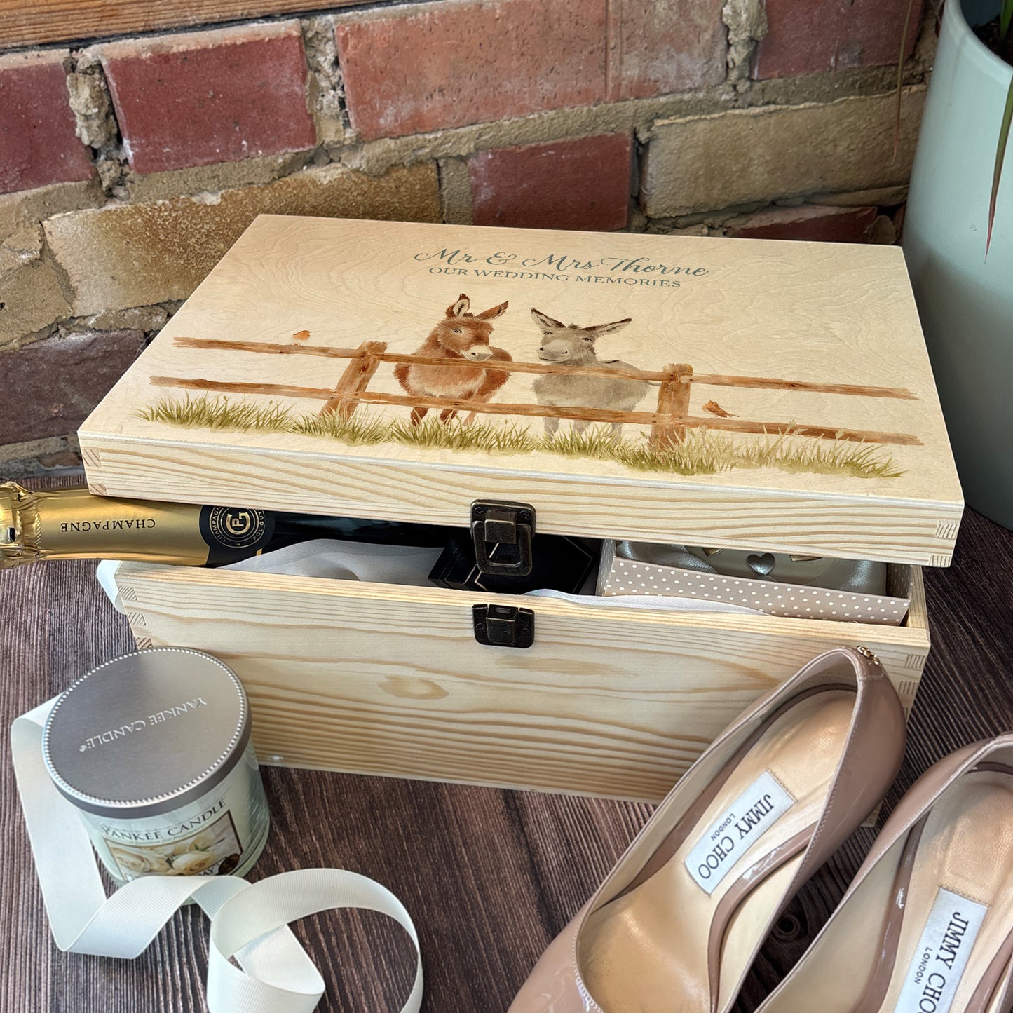 Large wooden pine memory/wedding/anniversary gift box featuring a dreamy watercolour illustration of two Donkey's side-by-side, perfect for celebrating a lasting bond. keep sakes to last a lifetime.