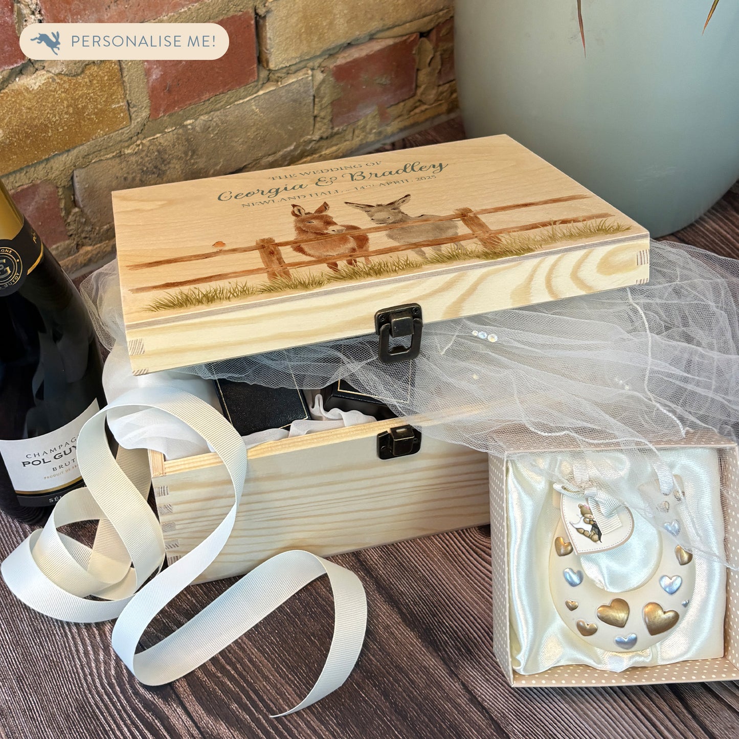 Medium wooden pine memory/wedding/anniversary gift box featuring a dreamy watercolour illustration of two Donkey's side-by-side, perfect for celebrating a lasting bond.
