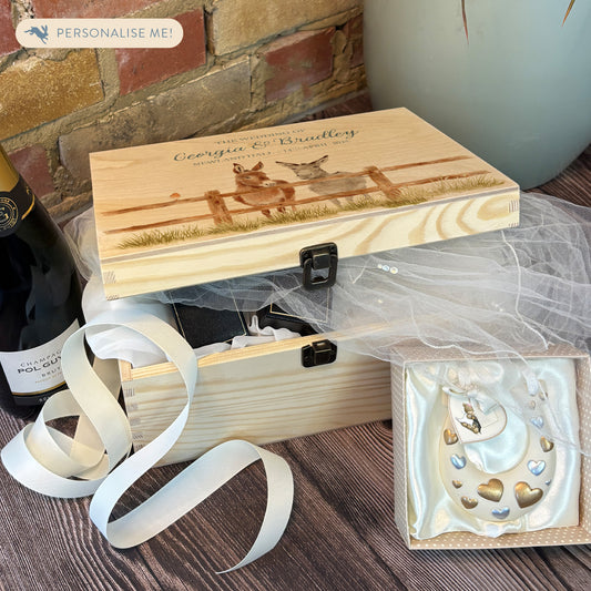 Medium wooden pine memory/wedding/anniversary gift box featuring a dreamy watercolour illustration of two Donkey's side-by-side, perfect for celebrating a lasting bond.