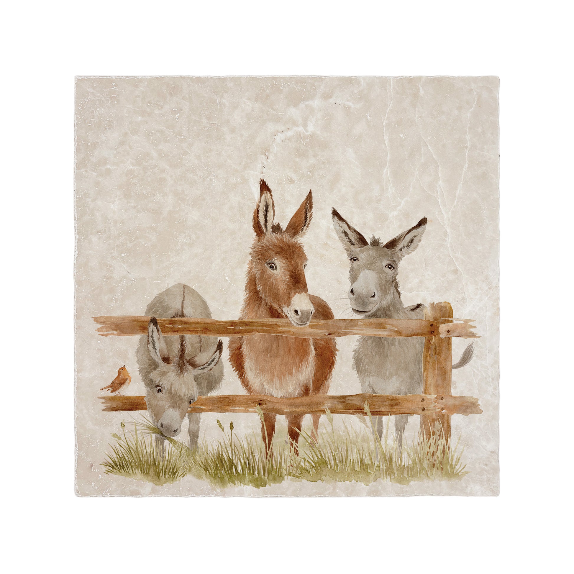 A large square marble cheeseboard featuring a watercolour design of three cheeky donkeys lined up at a wooden fence.