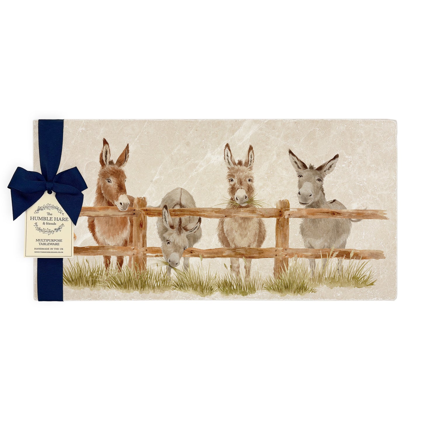 A multipurpose marble sharing platter with a watercolour design of four donkeys lined up at a wooden fence, packaged with a luxurious dark blue bow and branded gift tag.