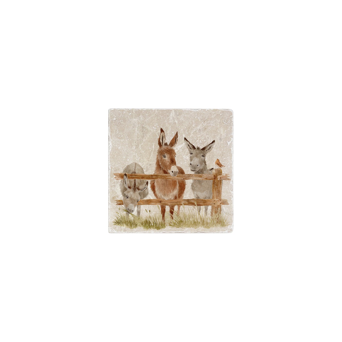 A handmade marble tile with a design featuring three donkeys and a robin lined up at a wooden fence.