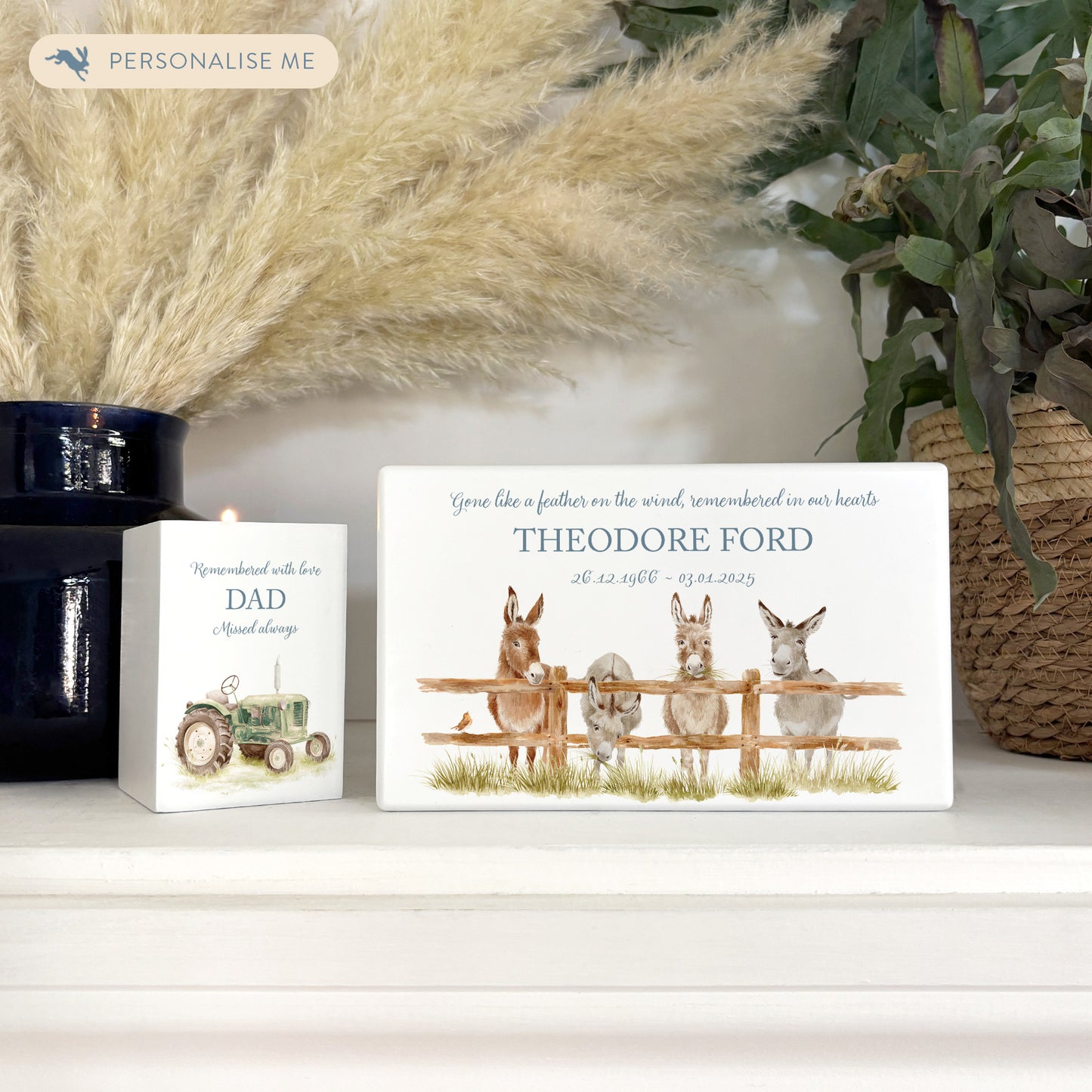 Luxury solid wooden white painted Urn with Donkeys lined up along a fence with a little Robin sitting on the fence. watercolour illustration, our urns and Caskets for displaying or burying ashes. Customisable and can be personalised. Perfect funeral memory keepsake urn, for storing ashes for humans and pets.