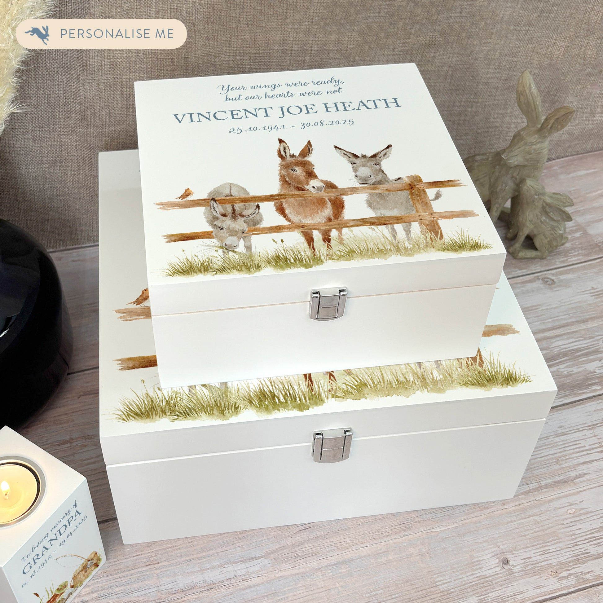 White Square personalised Wooden box with a decorative lid featuring illustrations of Donkeys and a little Robin lined up along a fence line. Perfect funeral memory keepsake box, for storing ashes, order of service, flowers and capturing your loved ones things in one place