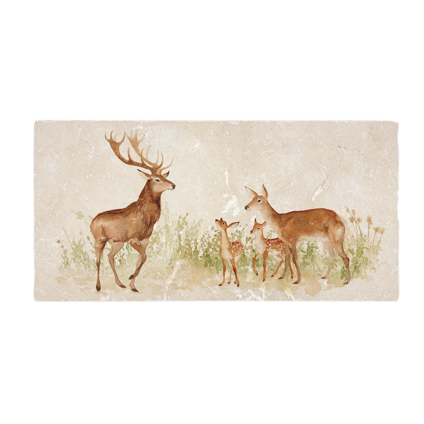 A rectangular cream marble sharing platter, featuring a watercolour design of a red deer family, including a stag, hind and two fawns.
