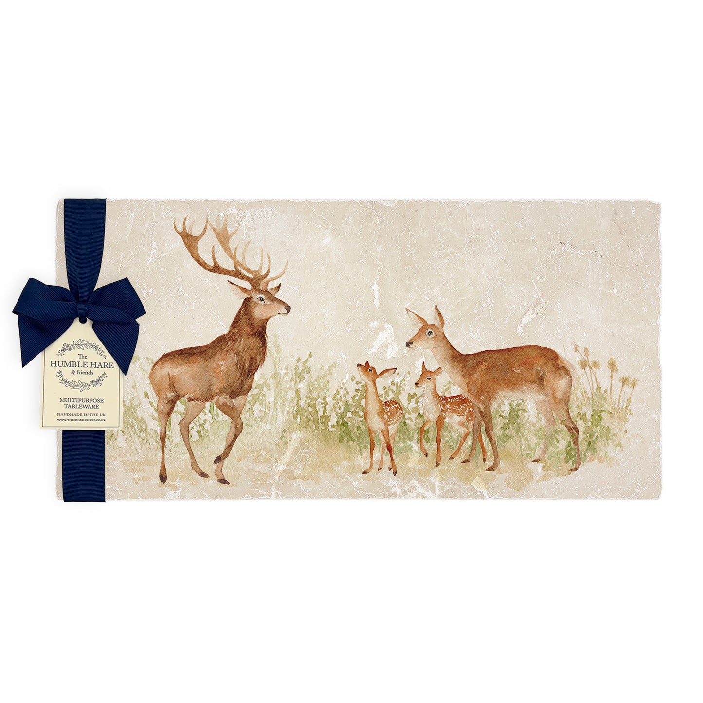 A multipurpose marble sharing platter with a red deer family design, packaged with a luxurious dark blue bow and branded gift tag.
