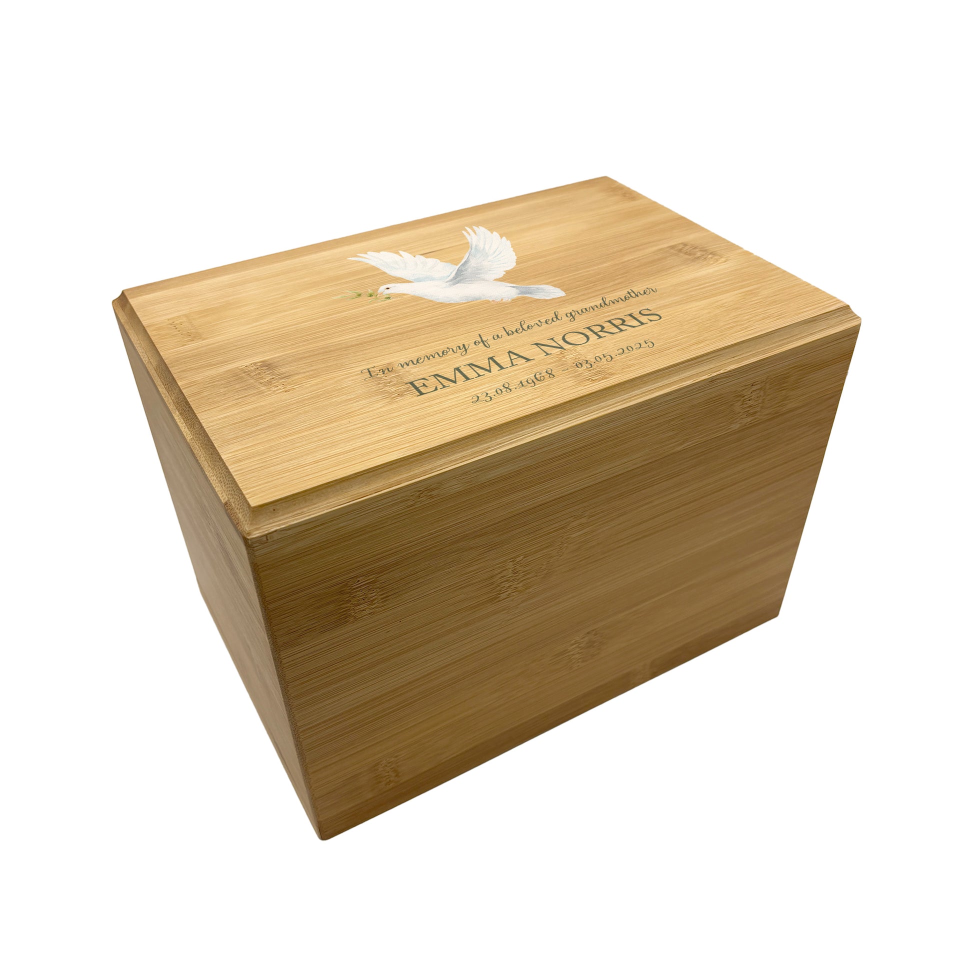 A beautifully crafted solid Bamboo wooden urn, personalised and finished with a soft watercolour design of a flying Dove, Thoughtfully made for either display or burial, this personalised urn can be customised to create a meaningful memorial. Perfect for holding ashes of a loved one or a beloved pet, it serves as a comforting tribute and keepsake.