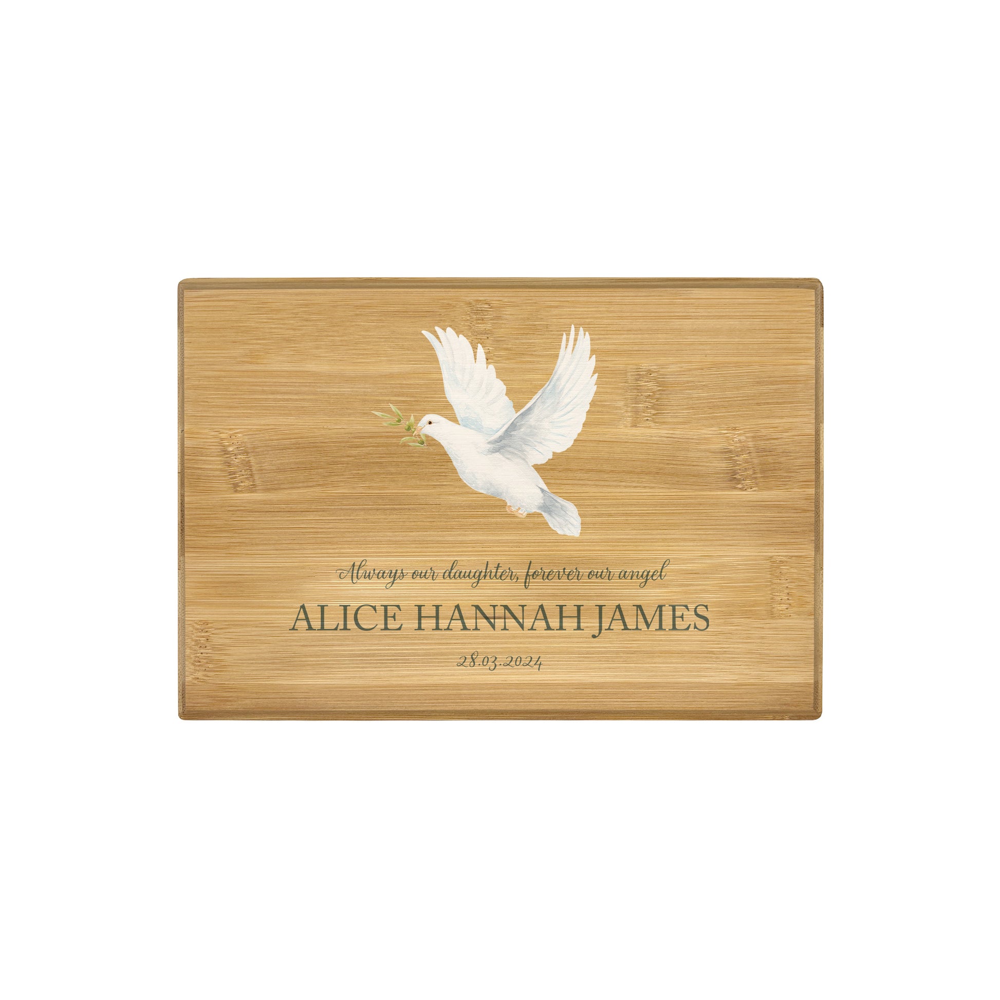 A beautifully crafted solid Bamboo wooden urn, personalised and finished with a soft watercolour design of a flying Dove, Thoughtfully made for either display or burial, this personalised urn can be customised to create a meaningful memorial. Perfect for holding ashes of a loved one or a beloved pet, it serves as a comforting tribute and keepsake.