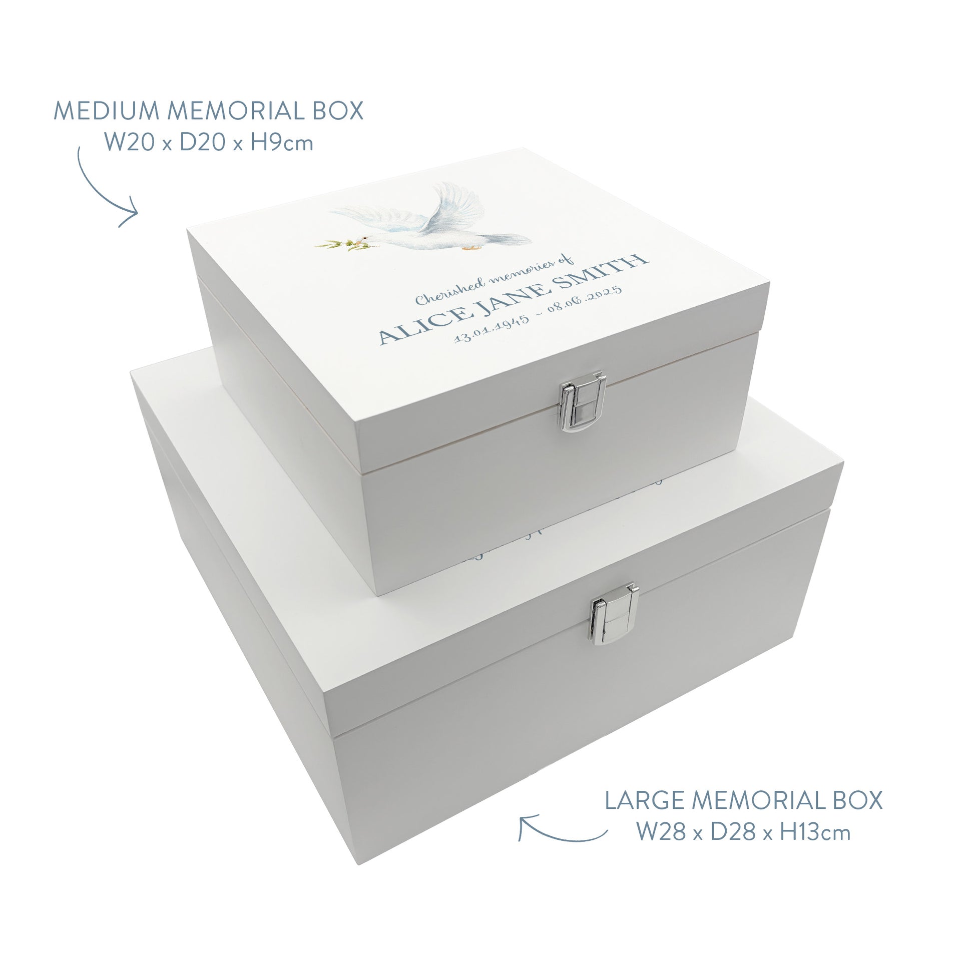 White Square personalised Wooden box with a decorative lid featuring illustrations of a Flying Dove, Perfect funeral memory keepsake box, for storing ashes, order of service, flowers and capturing your loved ones things in one place.