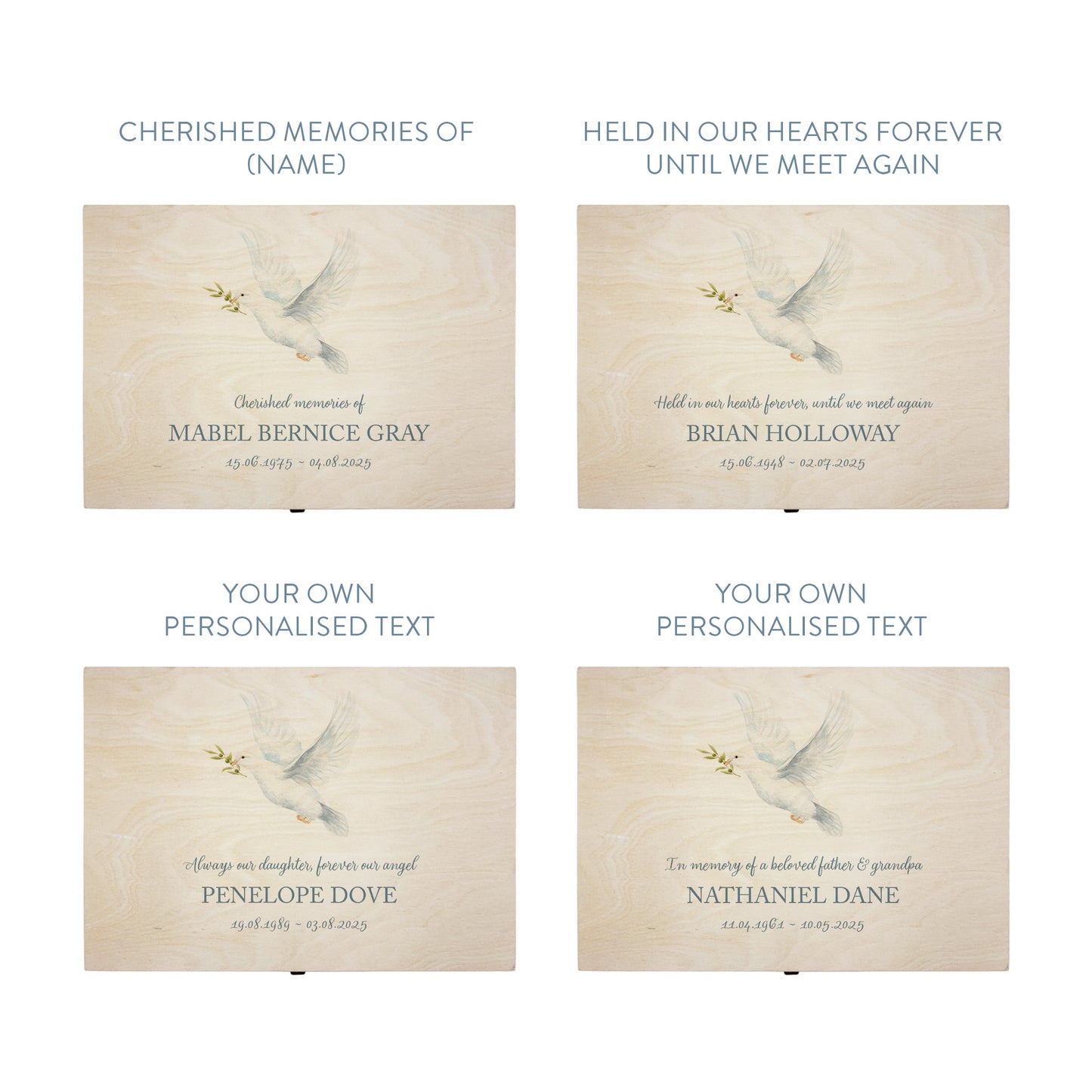 Wooden box with a decorative lid featuring illustrations of a Flying Dove Perfect funeral memory keepsake box, for storing ashes, order of service, flowers. capturing your loved ones favourite hobby
