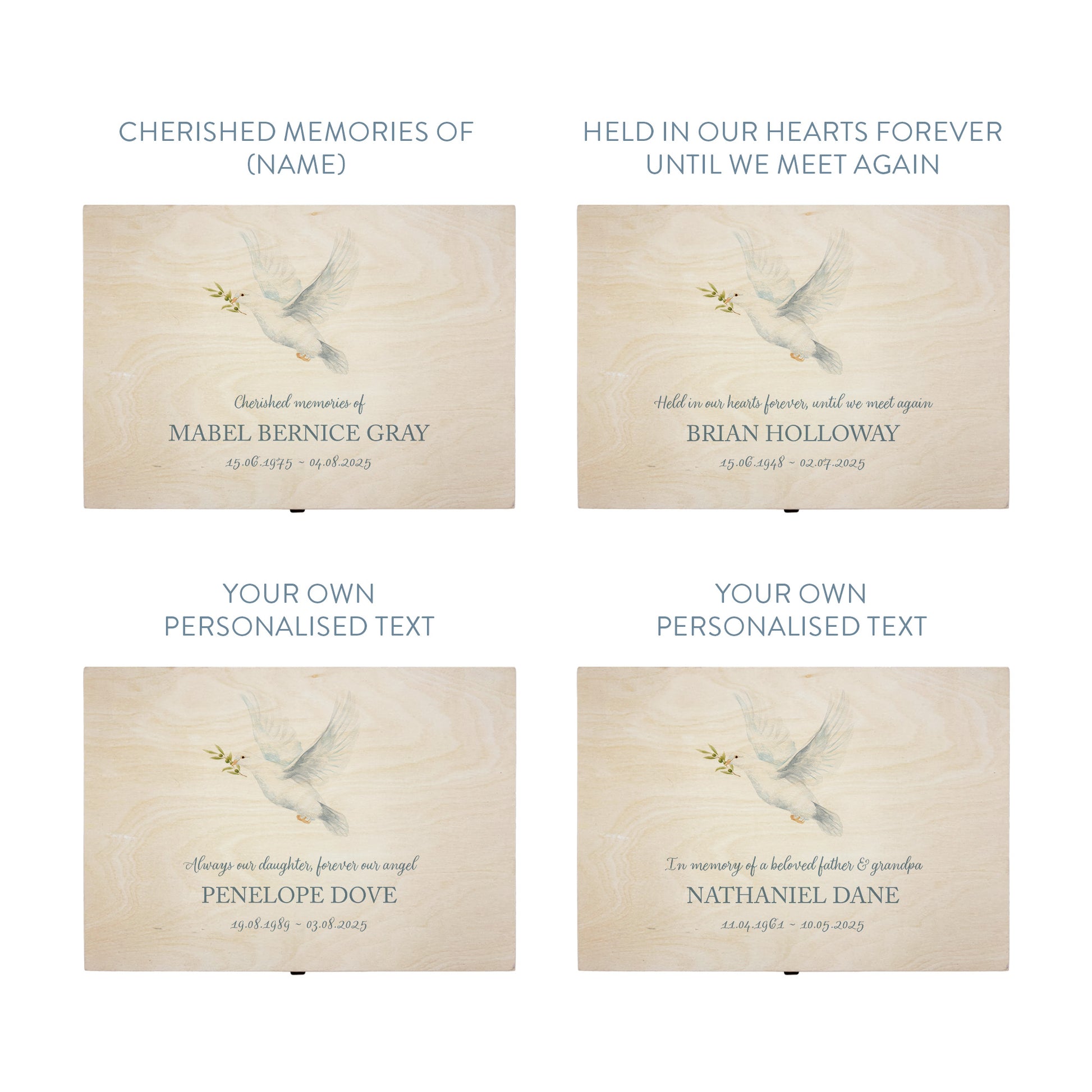 Wooden box with a decorative lid featuring illustrations of a Flying Dove  Perfect funeral memory keepsake box, for storing ashes, order of service, flowers. capturing your loved ones favourite hobby