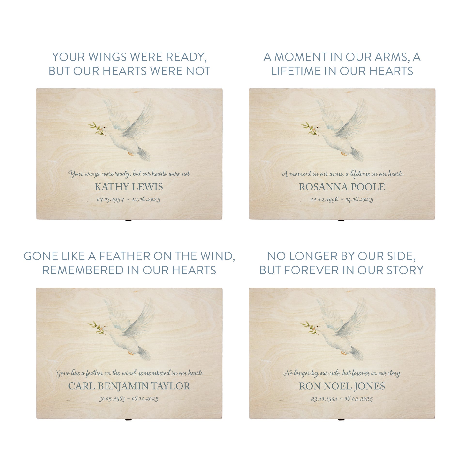 Wooden box with a decorative lid featuring illustrations of a Flying Dove  Perfect funeral memory keepsake box, for storing ashes, order of service, flowers. capturing your loved ones favourite hobby