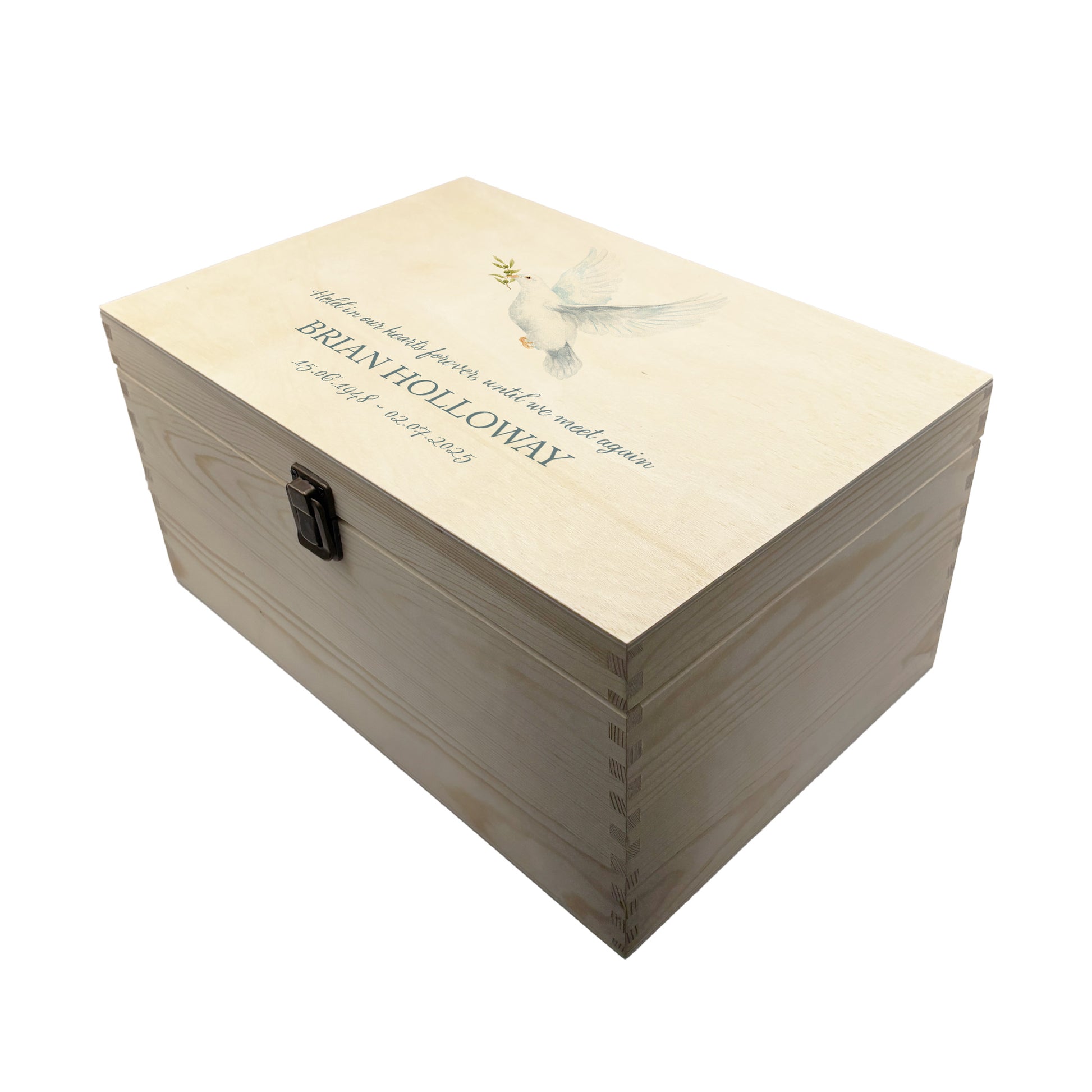 Wooden box with a decorative lid featuring illustrations of a Flying Dove  Perfect funeral memory keepsake box, for storing ashes, order of service, flowers. capturing your loved ones favourite hobby