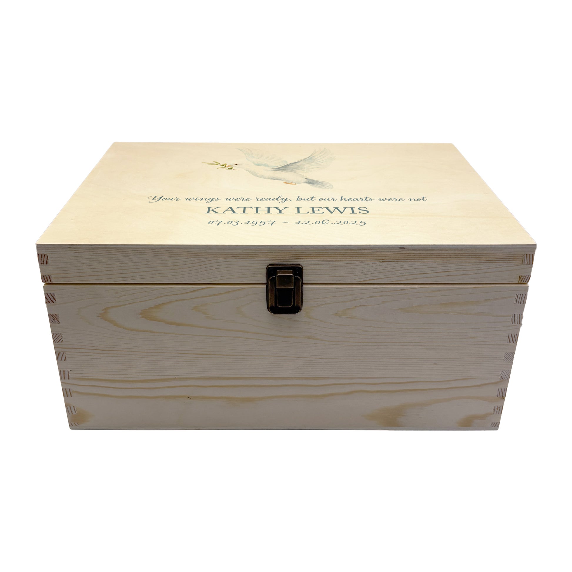 Wooden box with a decorative lid featuring illustrations of a Flying Dove  Perfect funeral memory keepsake box, for storing ashes, order of service, flowers. capturing your loved ones favourite hobby