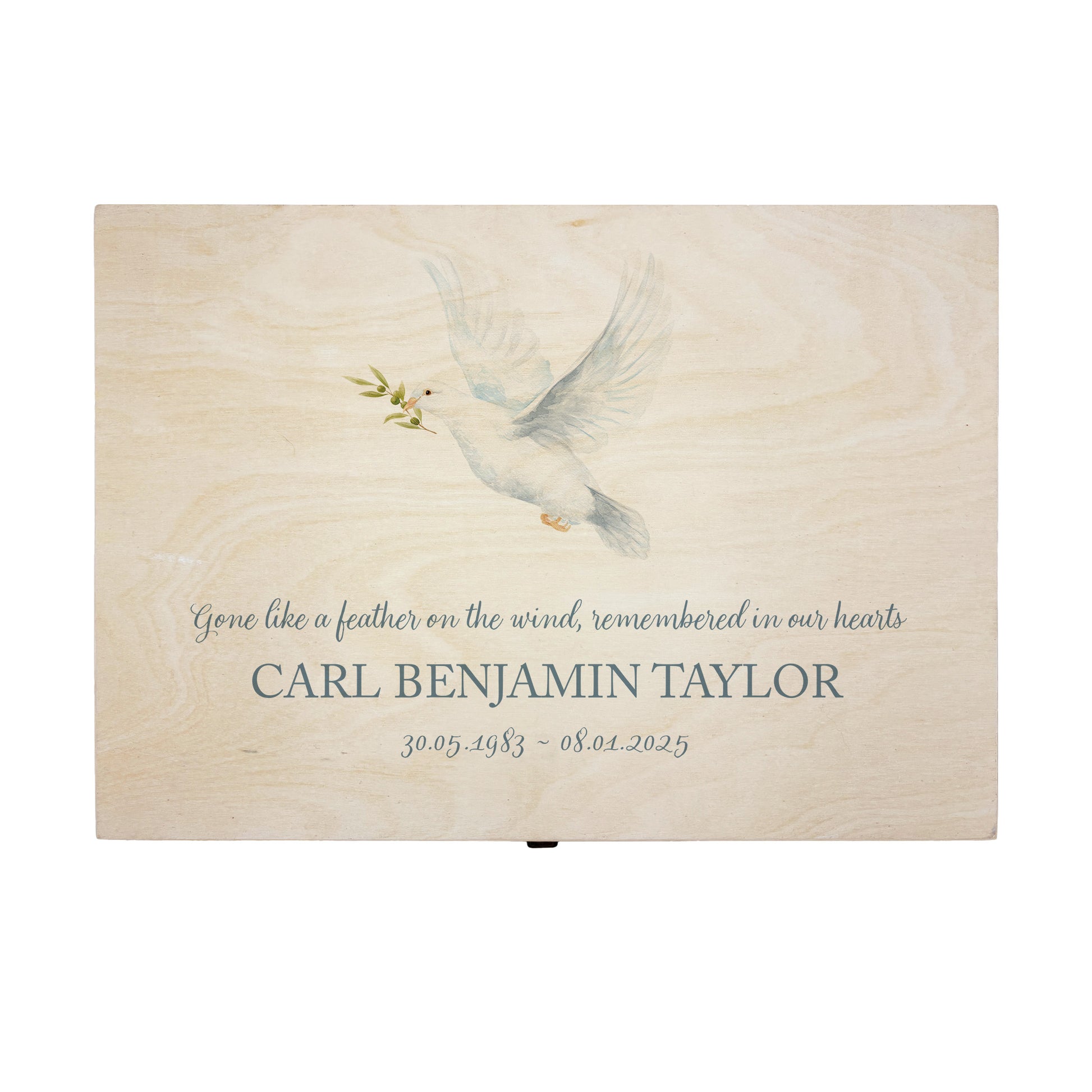 Wooden box with a decorative lid featuring illustrations of a Flying Dove  Perfect funeral memory keepsake box, for storing ashes, order of service, flowers. capturing your loved ones favourite hobby