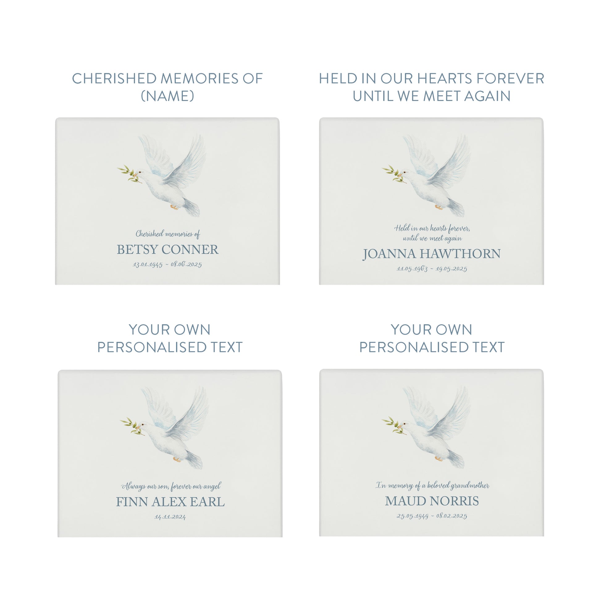 A beautifully crafted solid wooden urn, finished in white with a soft watercolour design of fa flying Dove. Thoughtfully made for either display or burial, this personalised urn can be customised to create a meaningful memorial. Perfect for holding ashes of a loved one or a beloved pet, it serves as a comforting tribute and keepsake.