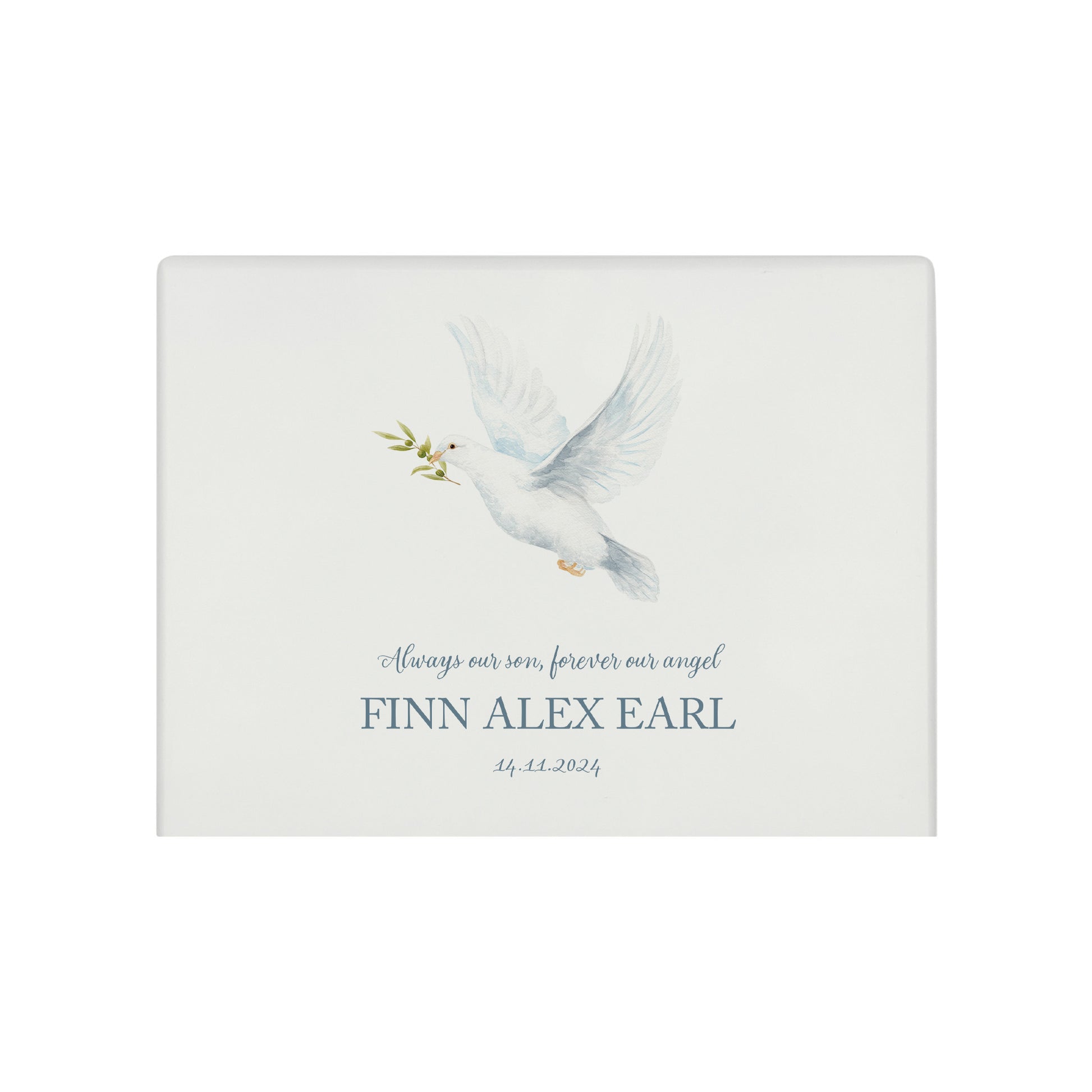 A beautifully crafted solid wooden urn, finished in white with a soft watercolour design of fa flying Dove. Thoughtfully made for either display or burial, this personalised urn can be customised to create a meaningful memorial. Perfect for holding ashes of a loved one or a beloved pet, it serves as a comforting tribute and keepsake.