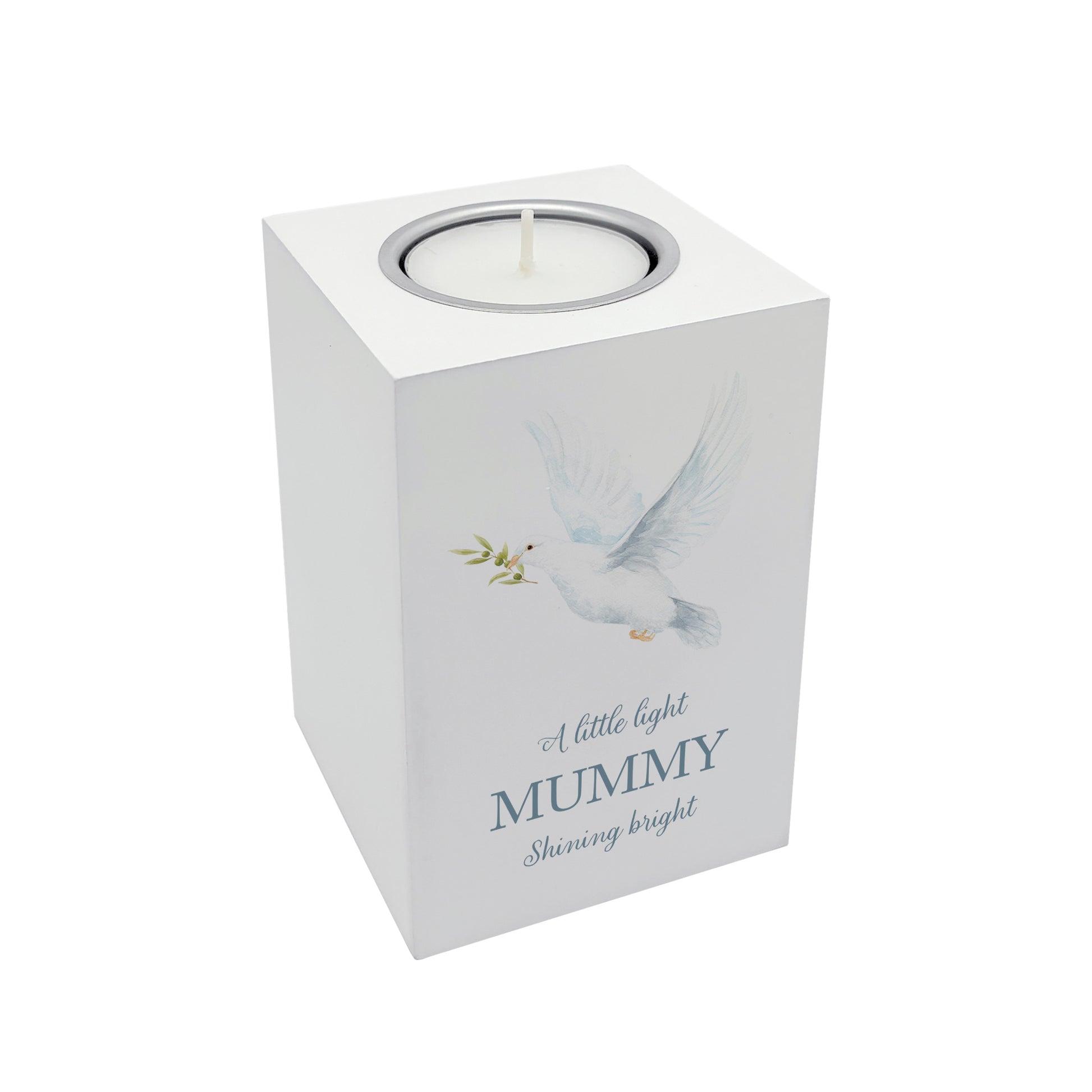 wooden cuboid luxury tealight holder with gorgeous personalised options . Each product is lovingly designed, handmade with our Countryside inspired watercolour designs. This design features a Dove, unique designs to remember a loved on, great for memorial occasions