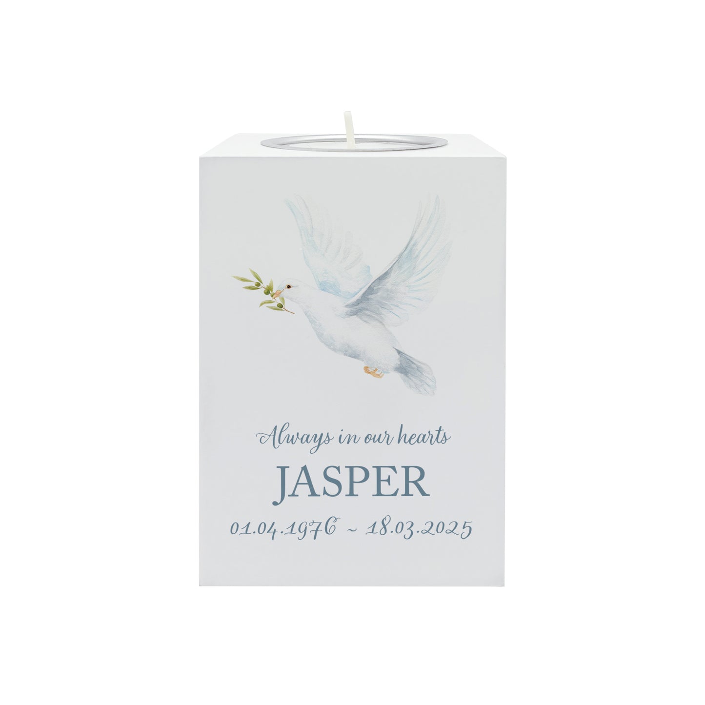 wooden cuboid luxury tealight holder with gorgeous personalised options . Each product is lovingly designed, handmade with our Countryside inspired watercolour designs. This design features a Dove, unique designs to remember a loved on, great for memorial occasions