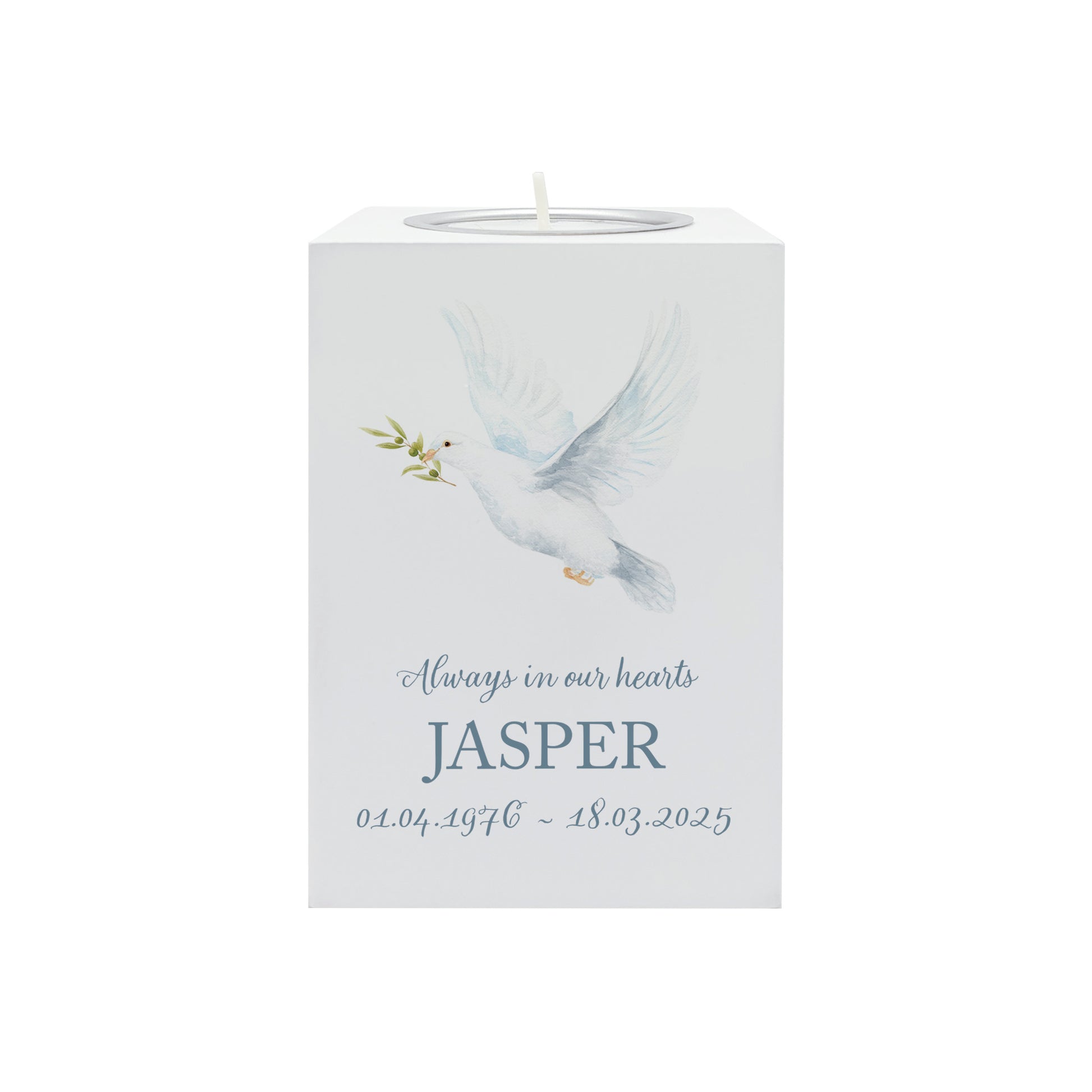 wooden cuboid luxury tealight holder with gorgeous personalised options . Each product is lovingly designed, handmade with our Countryside inspired watercolour designs. This design features a Dove, unique designs to remember a loved on, great for memorial occasions